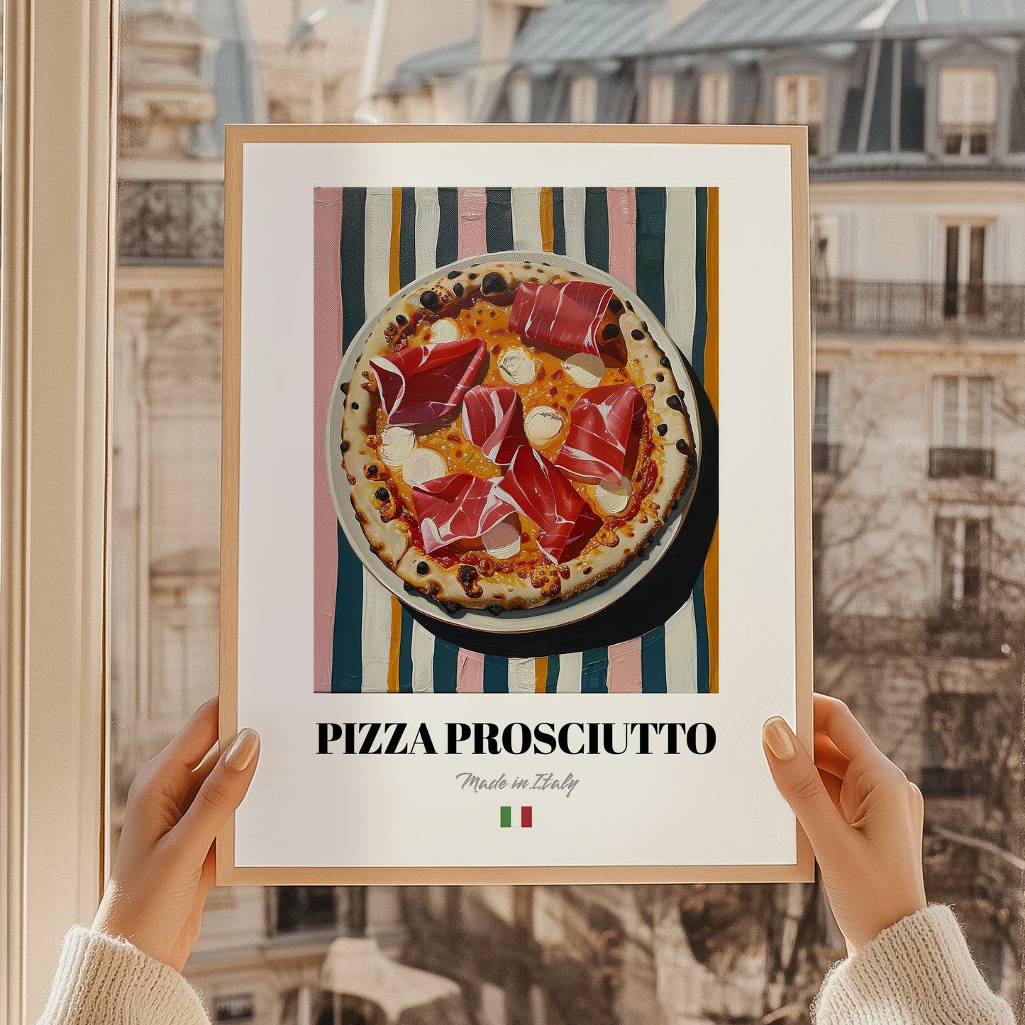 Pizza prosciutto – Italian Pizza, Ristorante Poster, styled in a charming Paris street view