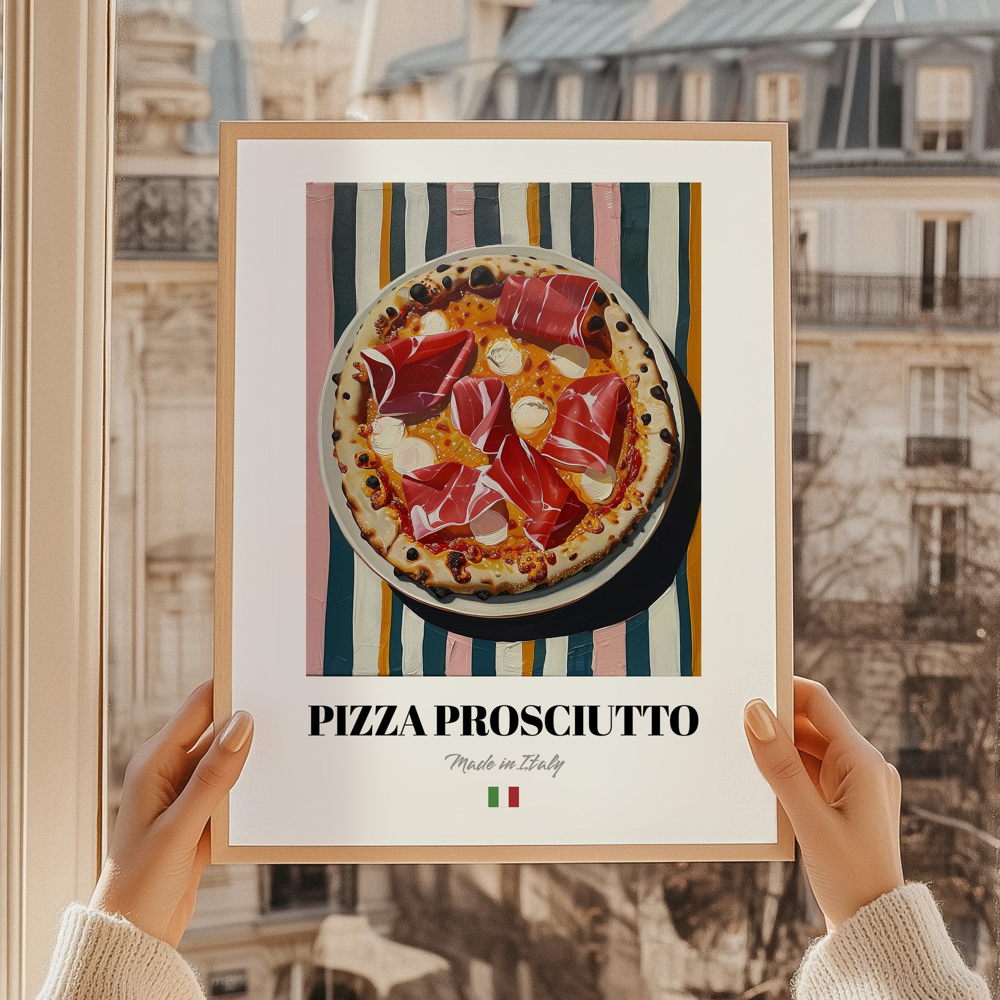 Pizza prosciutto – Italian Pizza, Ristorante Poster, styled in a charming Paris street view