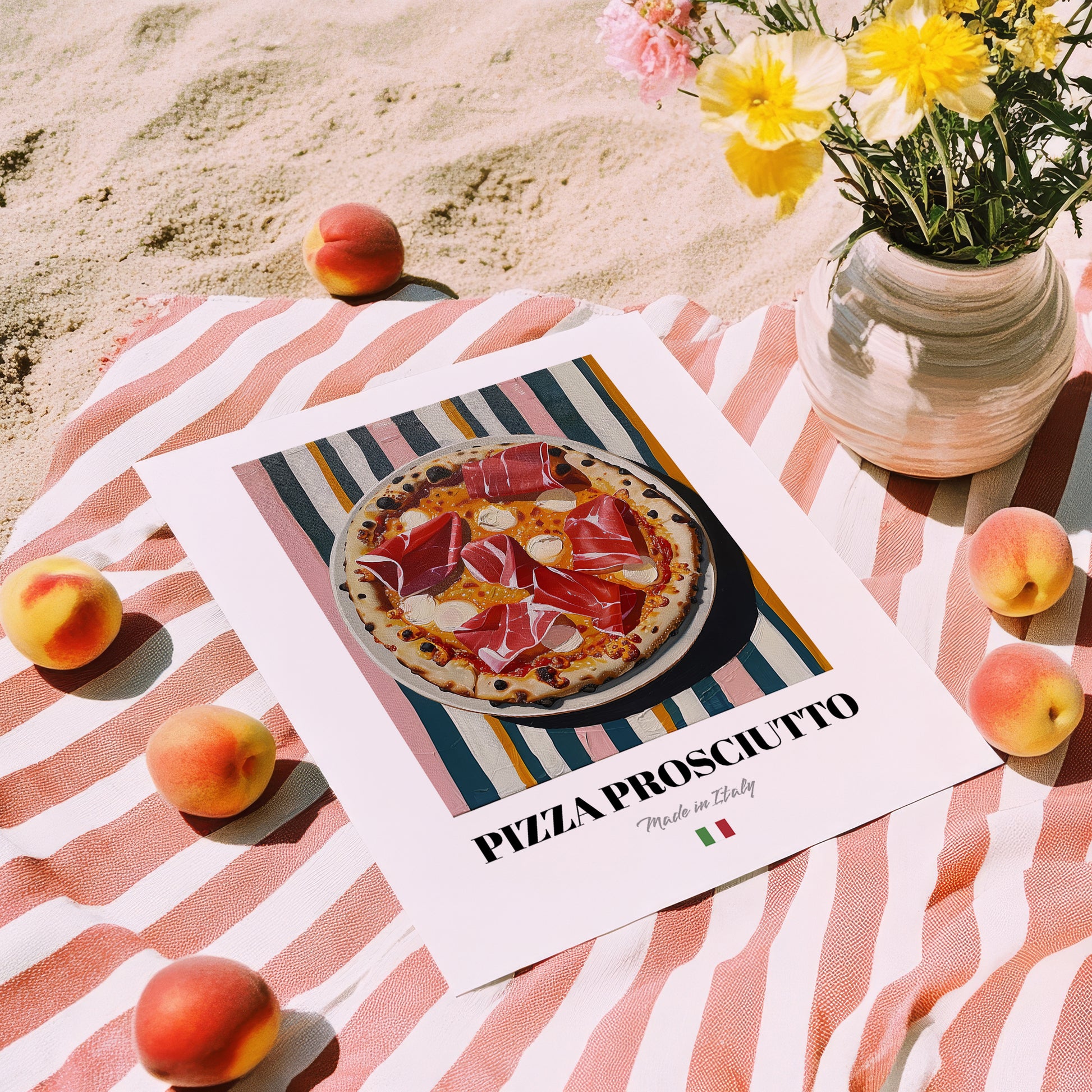 Pizza prosciutto – Italian Pizza, Ristorante Poster, unframed on coastal sand