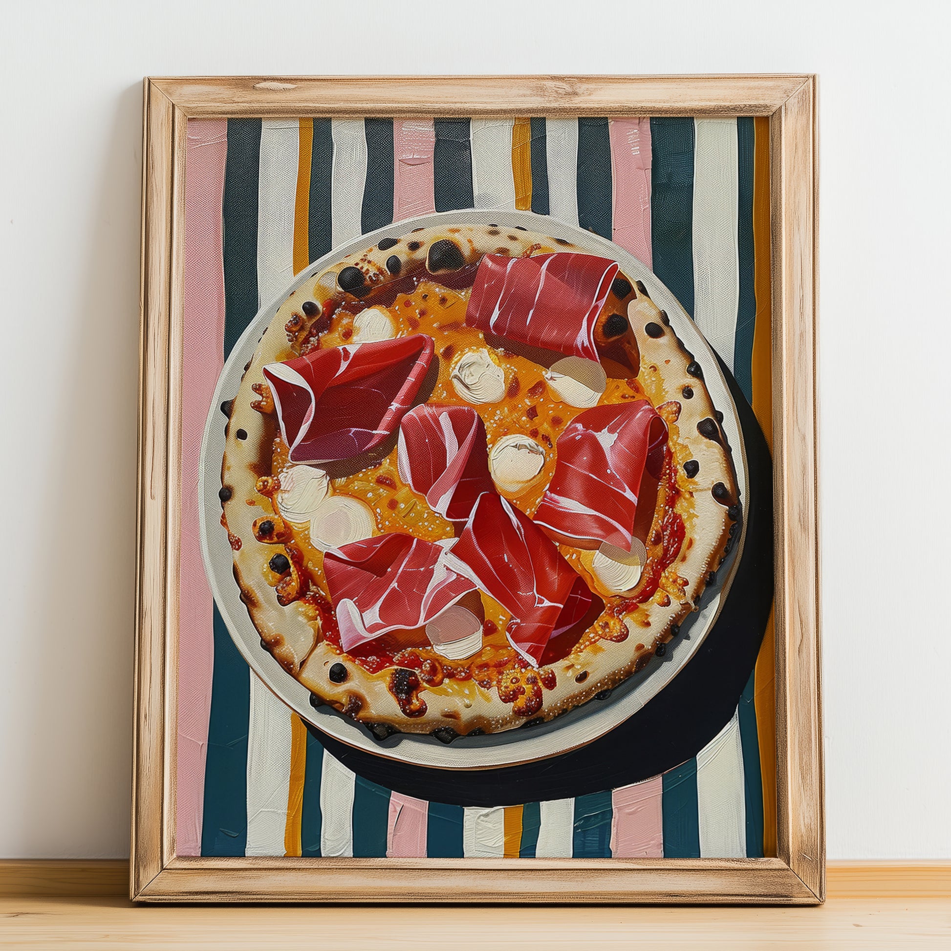 Pizza prosciutto – Italian Pizza, Ristorante Poster, no-text version framed in wood