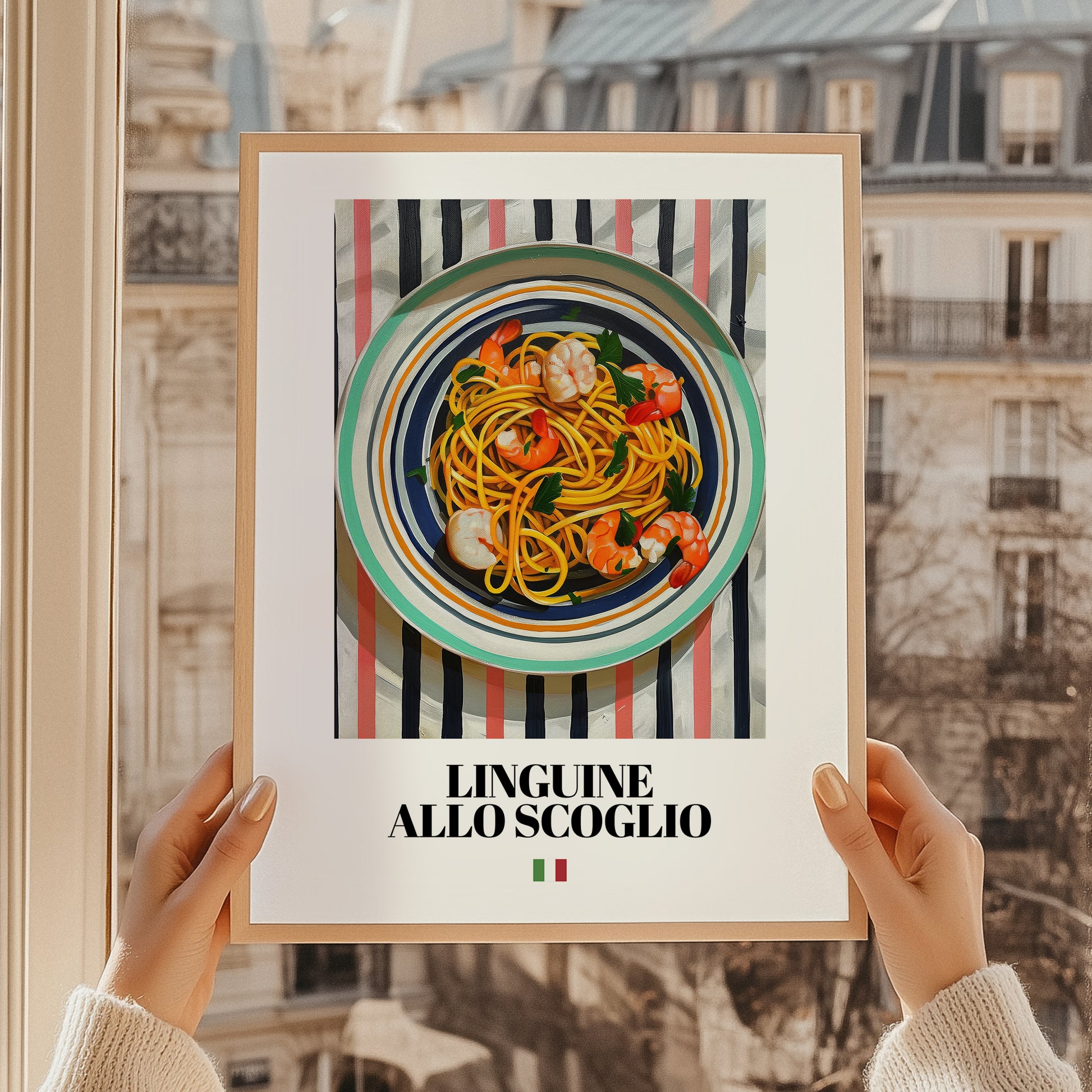 Linguine allo scoglio – Italian Pasta, Ristorante Poster, styled in a charming Paris street view