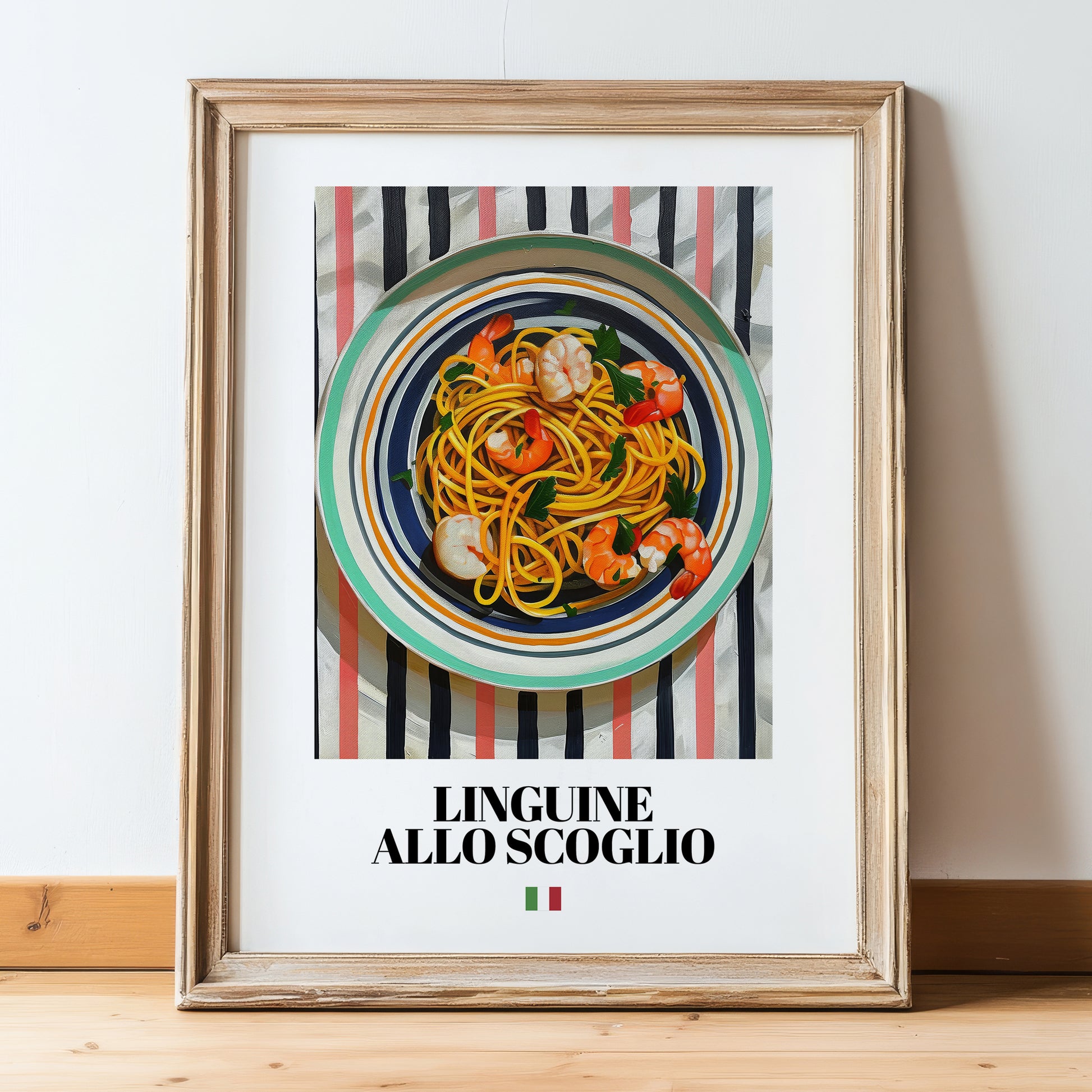 Linguine allo scoglio – Italian Pasta, Ristorante Poster, in wooden frame leaning on the floor