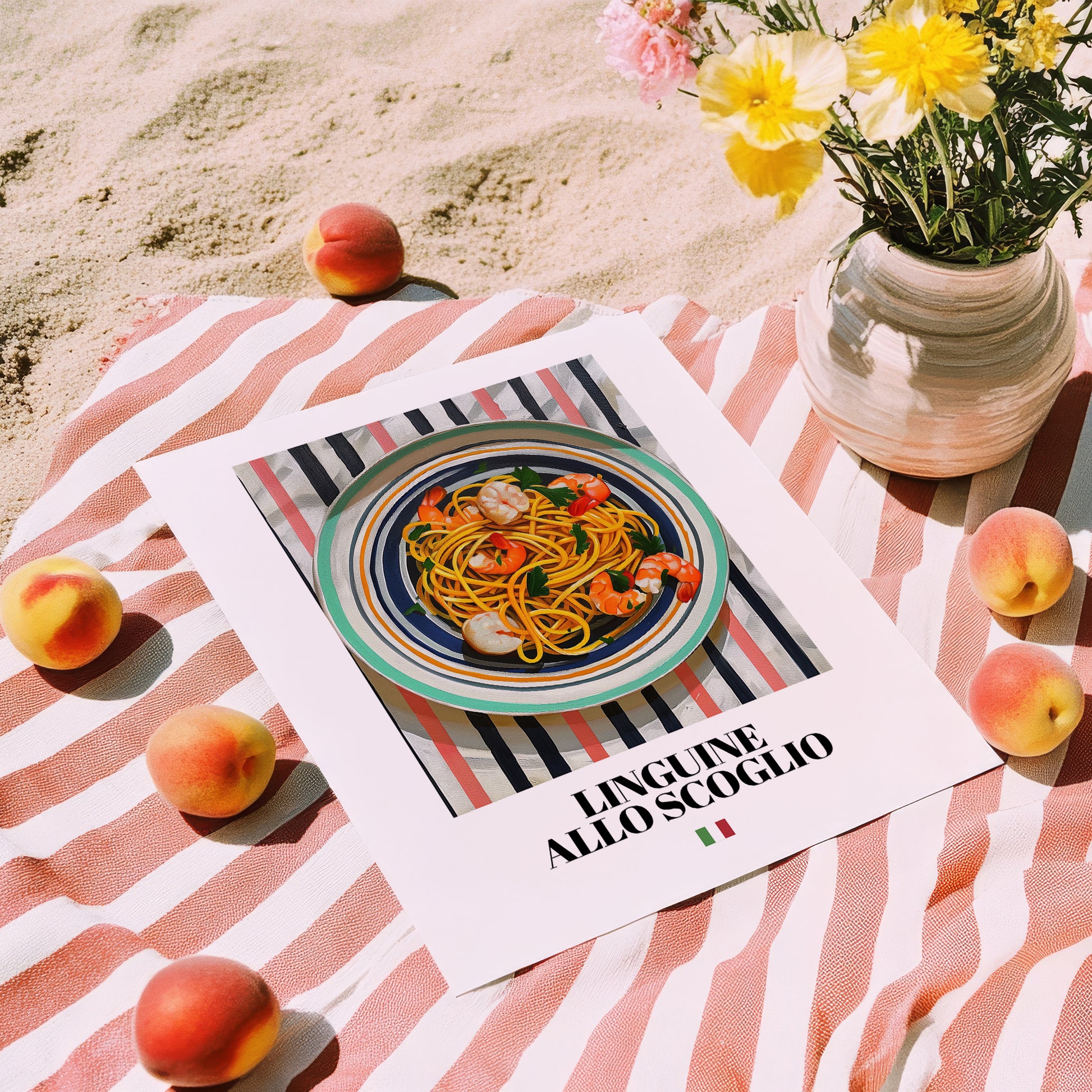 Linguine allo scoglio – Italian Pasta, Ristorante Poster, unframed on coastal sand