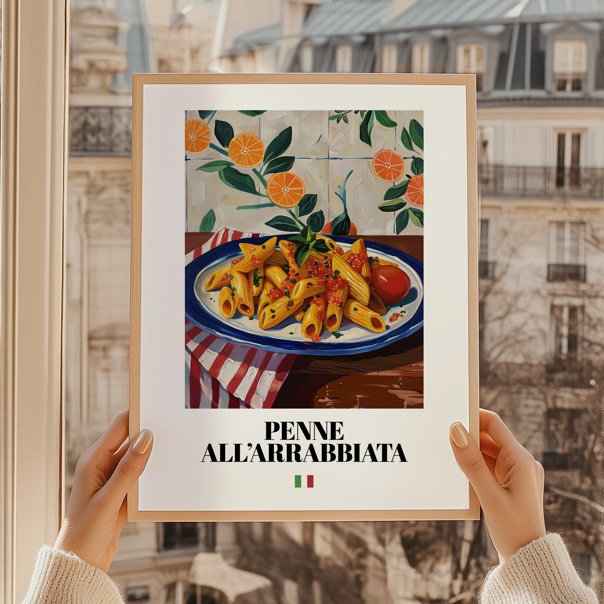 Penne all'arrabbiata – Italian Pasta, Trattoria Art, styled in a charming Paris street view