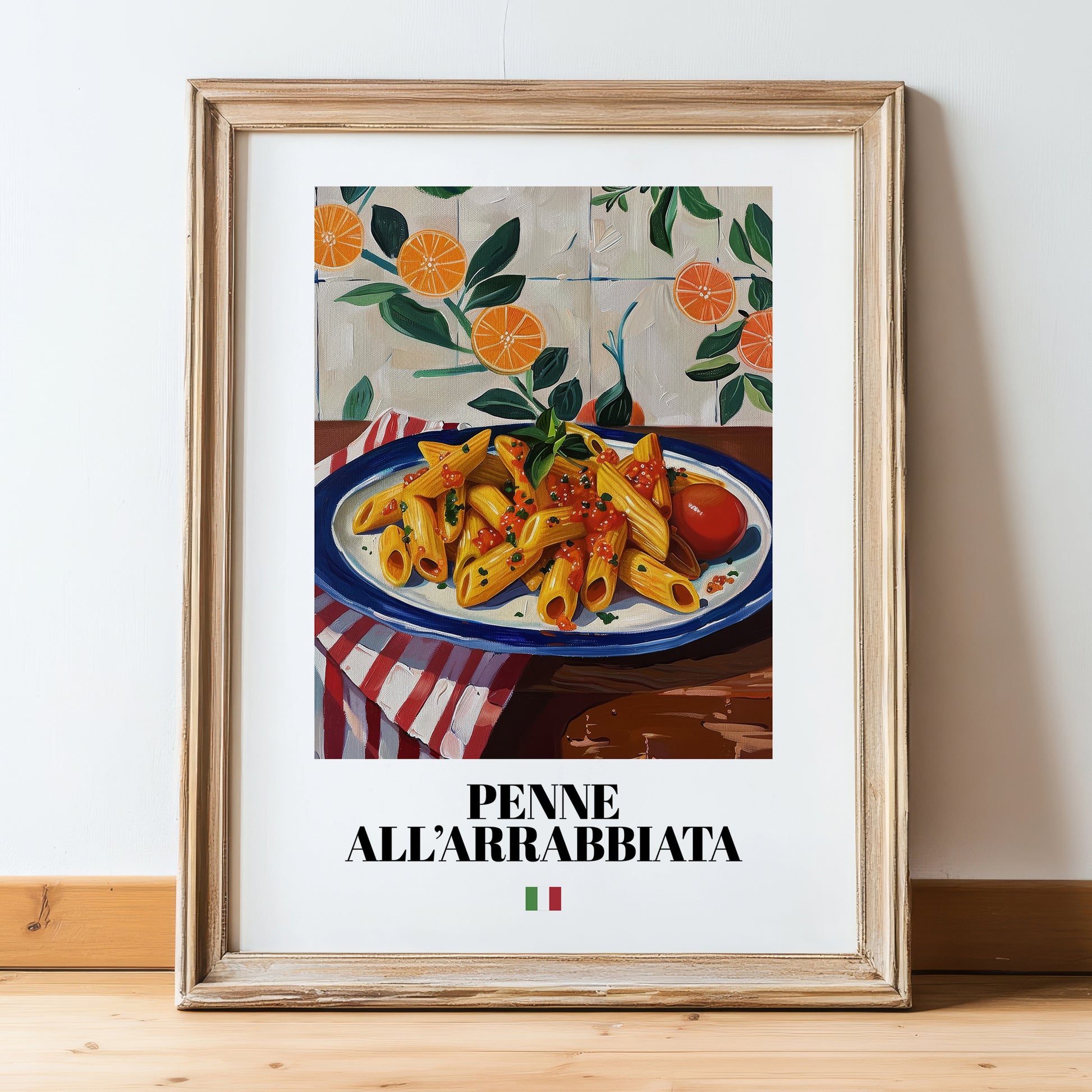 Penne all'arrabbiata – Italian Pasta, Trattoria Art, in wooden frame leaning on the floor