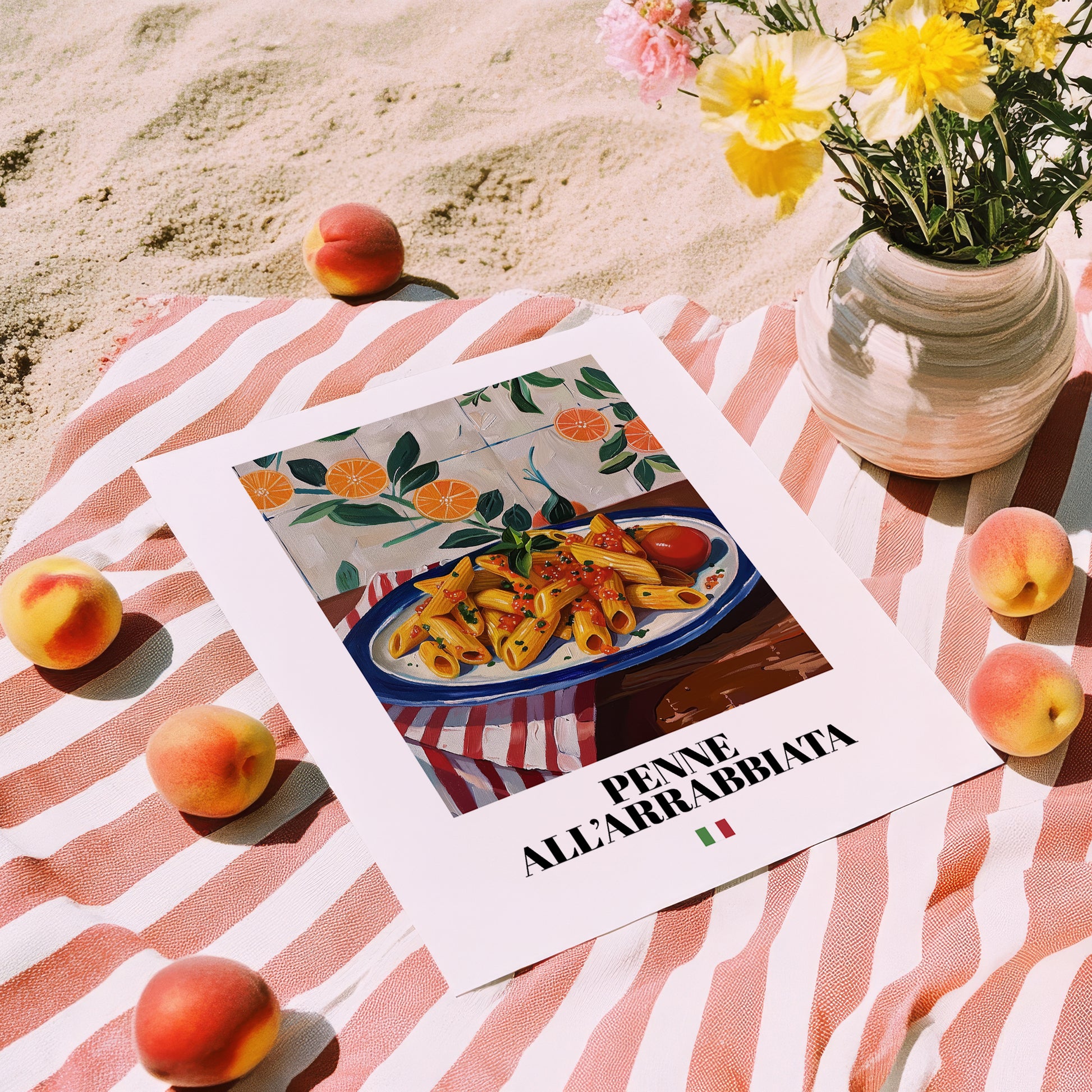 Penne all'arrabbiata – Italian Pasta, Trattoria Art, unframed on coastal sand