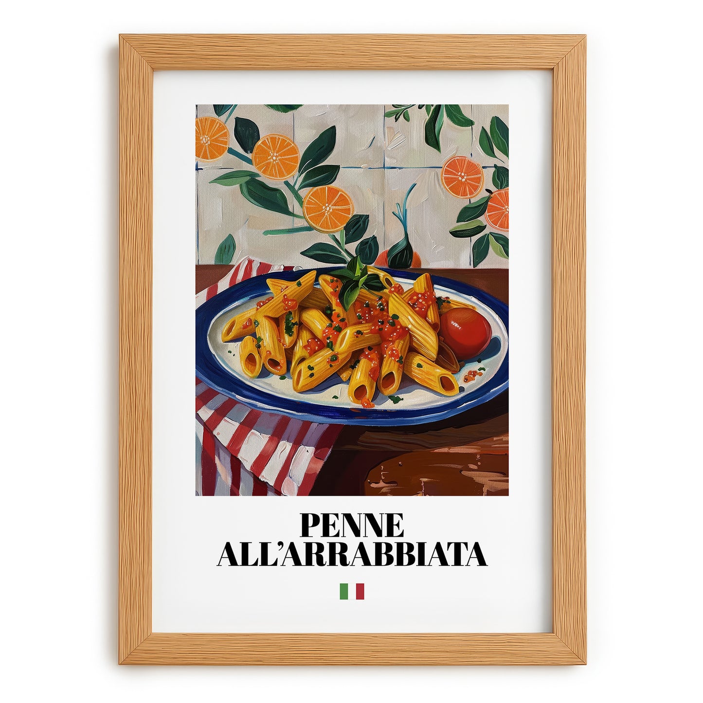 Penne all'arrabbiata – Italian Pasta, Trattoria Art, set in oak frame