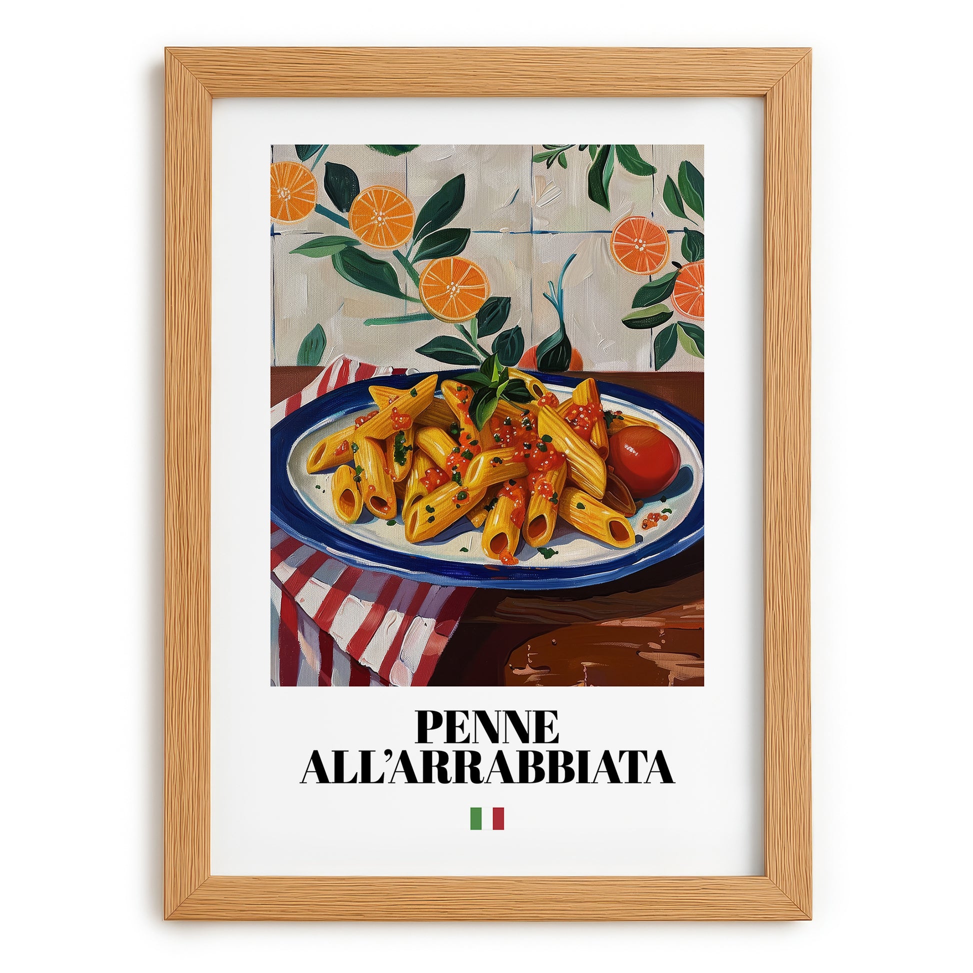 Penne all'arrabbiata – Italian Pasta, Trattoria Art, set in oak frame