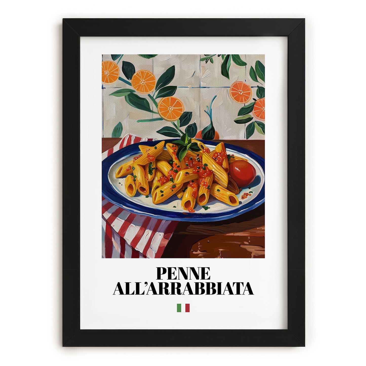 Penne all'arrabbiata – Italian Pasta, Trattoria Art, in sleek black frame