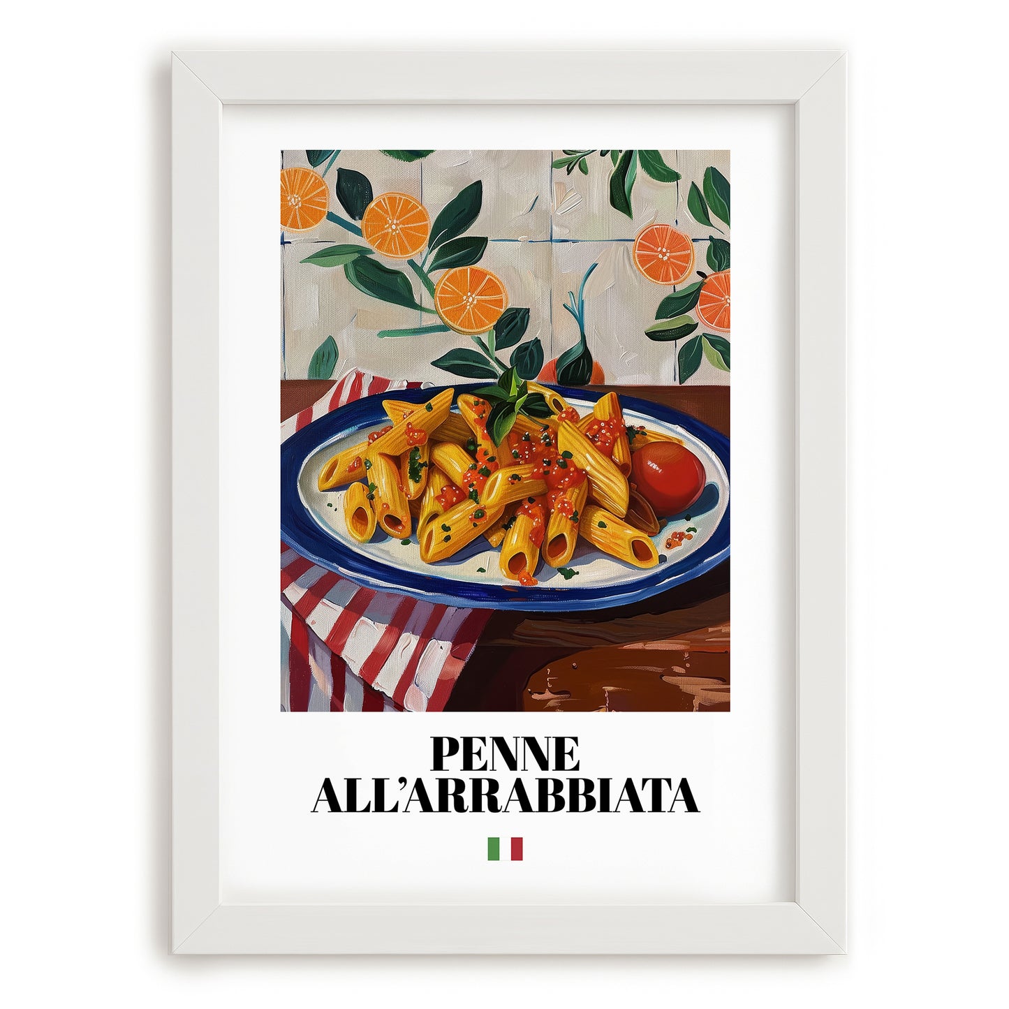 Penne all'arrabbiata – Italian Pasta, Trattoria Art, placed in minimal white frame