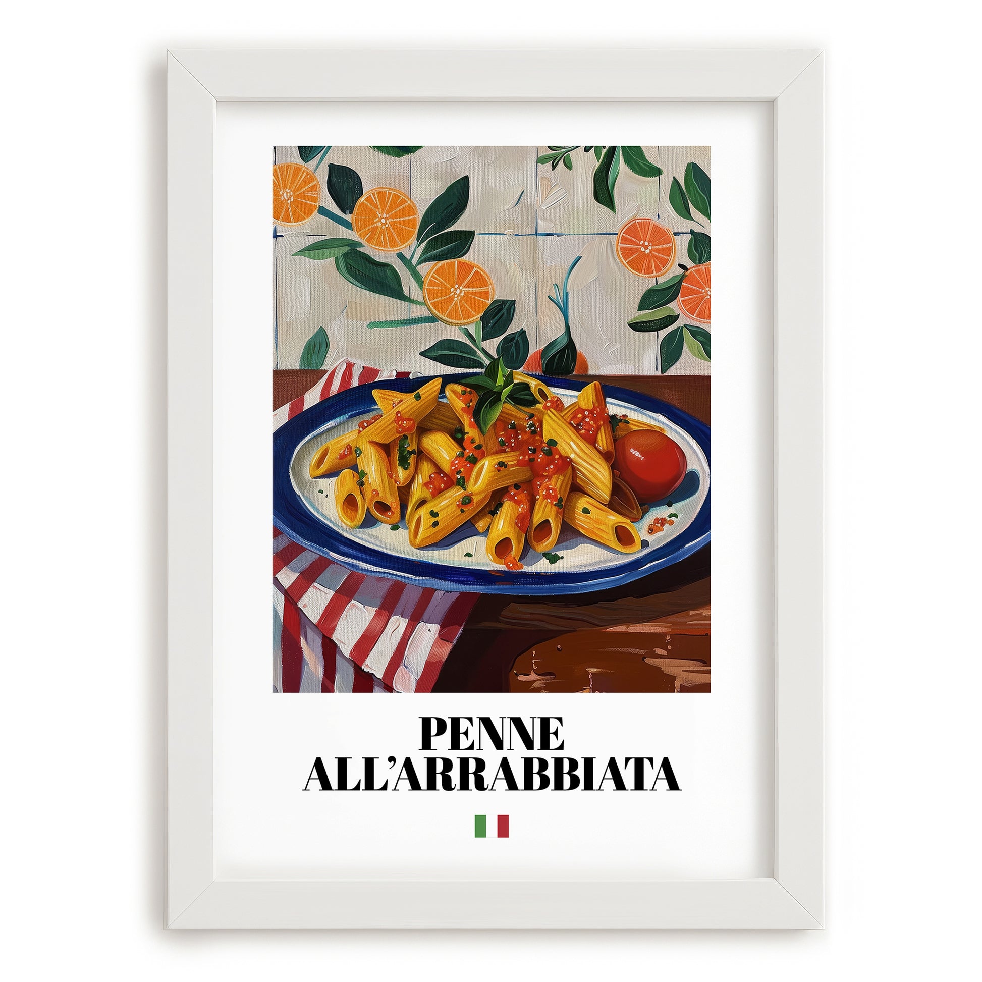 Penne all'arrabbiata – Italian Pasta, Trattoria Art, placed in minimal white frame
