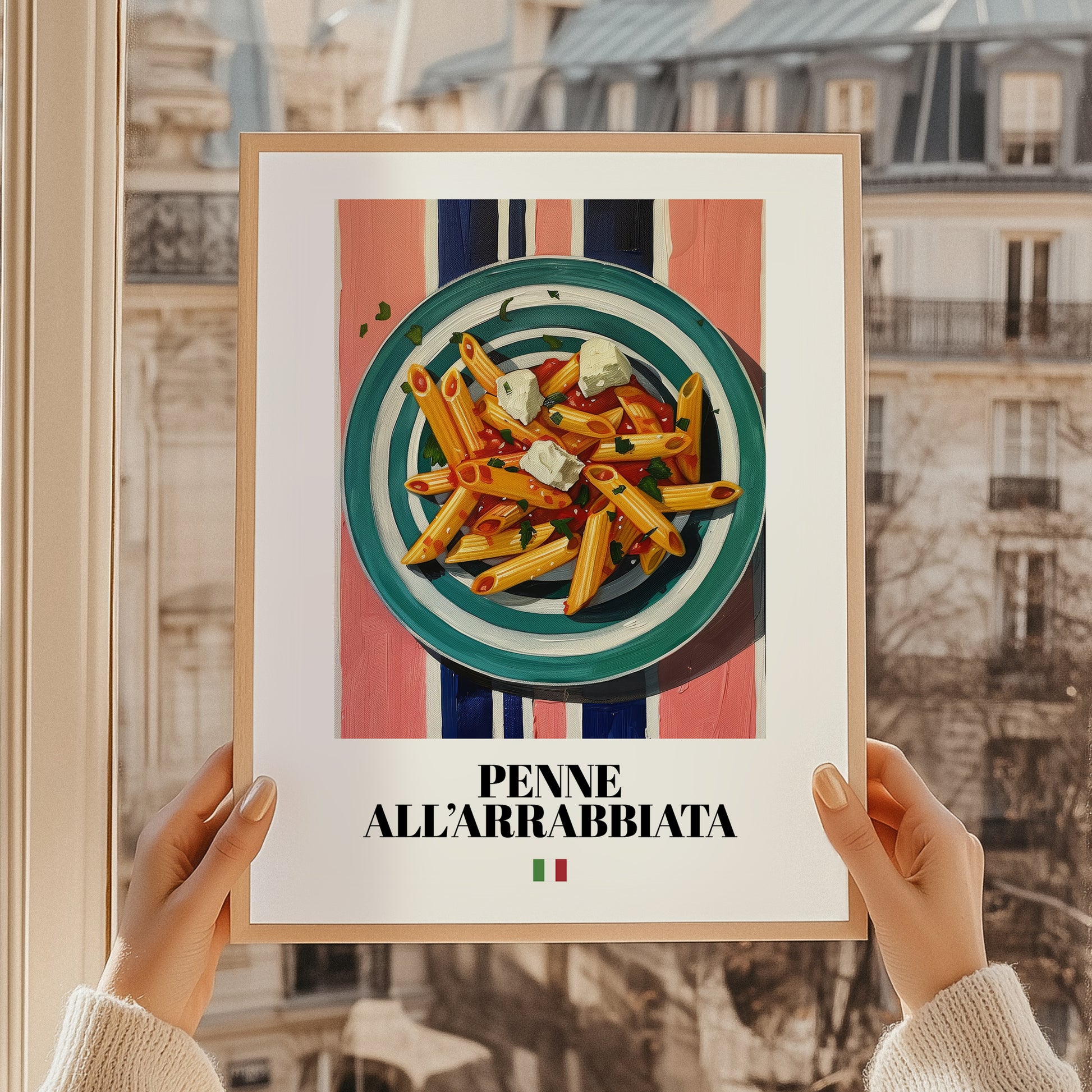 Penne all'arrabbiata – Italian Pasta, Osteria Poster, styled in a charming Paris street view