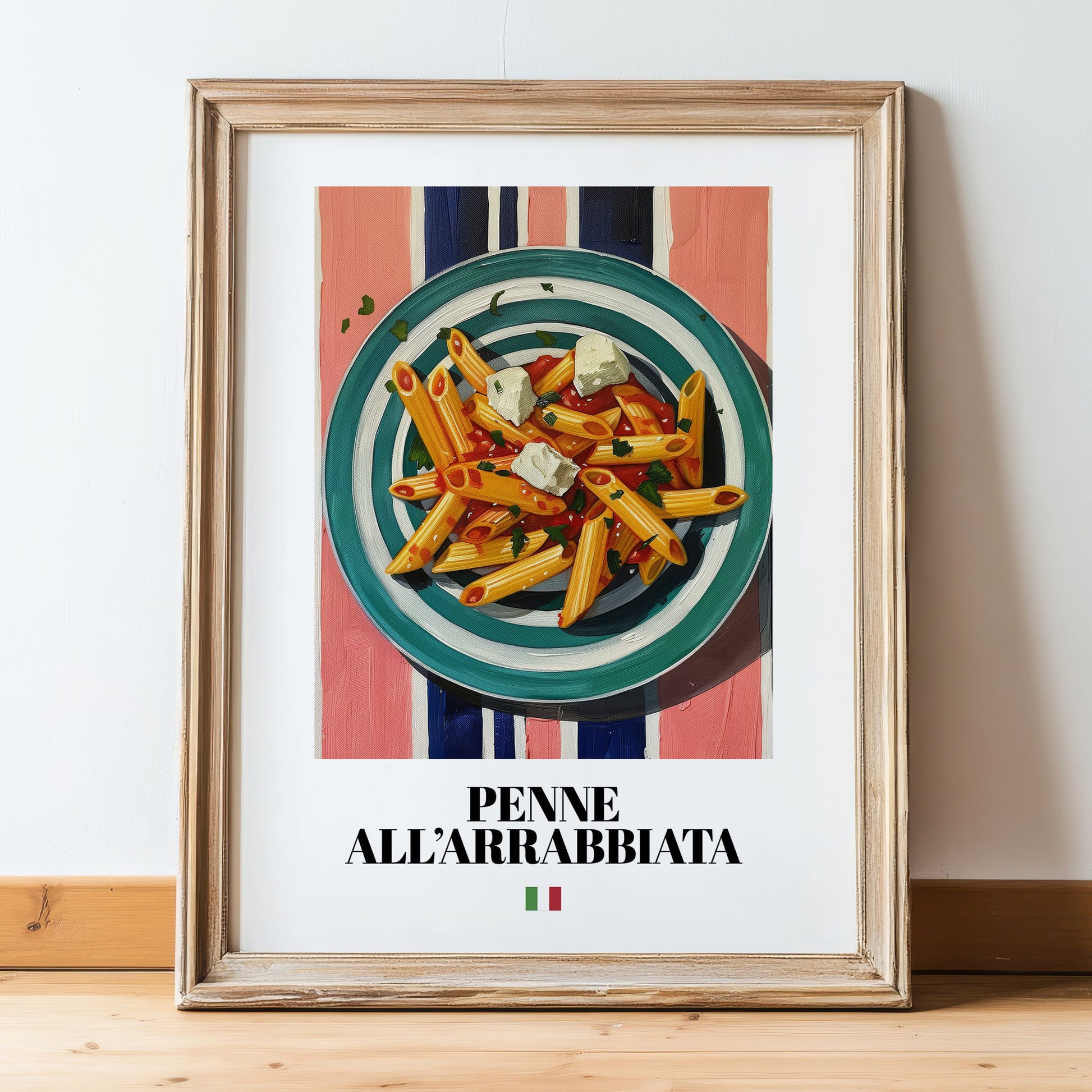 Penne all'arrabbiata – Italian Pasta, Osteria Poster, in wooden frame leaning on the floor