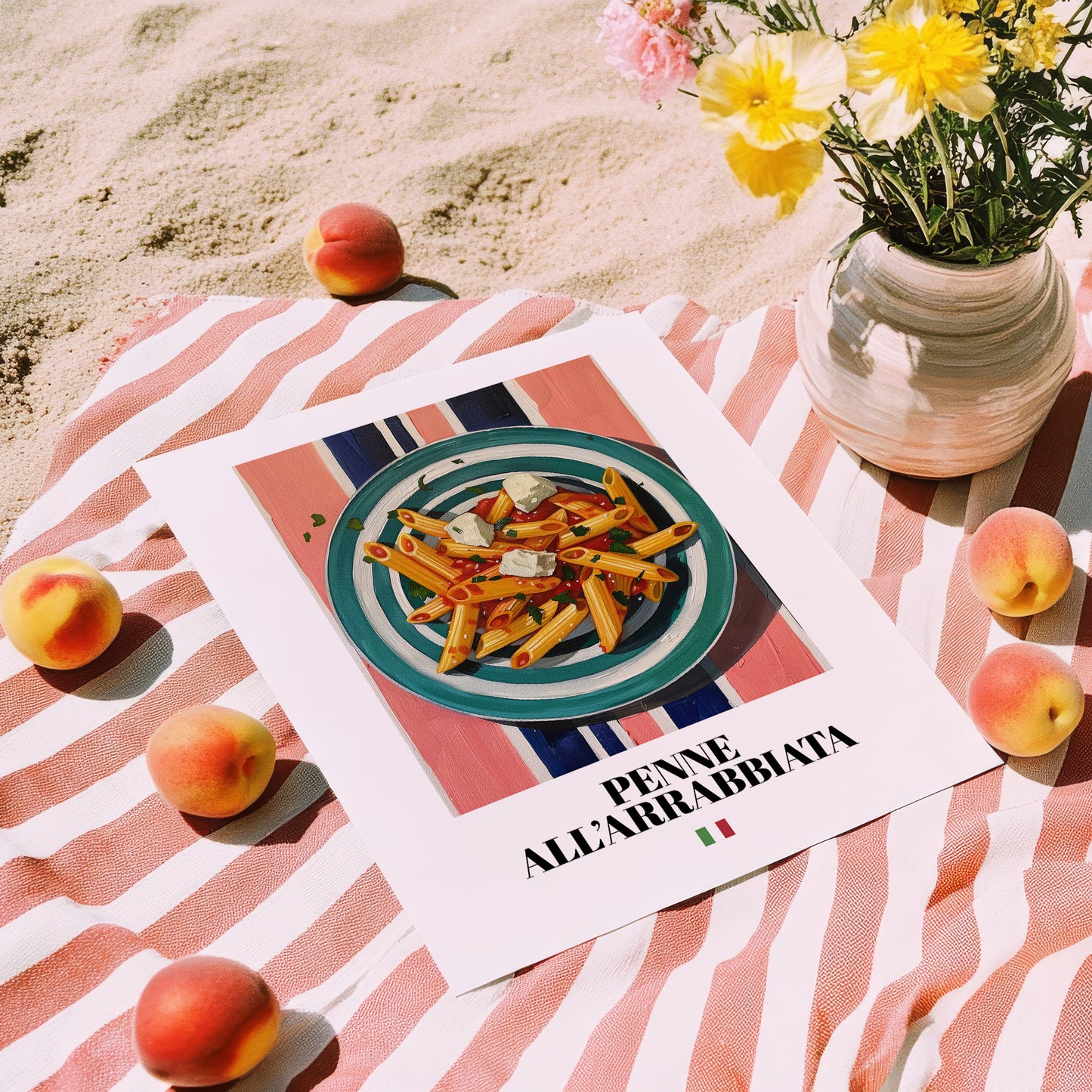 Penne all'arrabbiata – Italian Pasta, Osteria Poster, unframed on coastal sand
