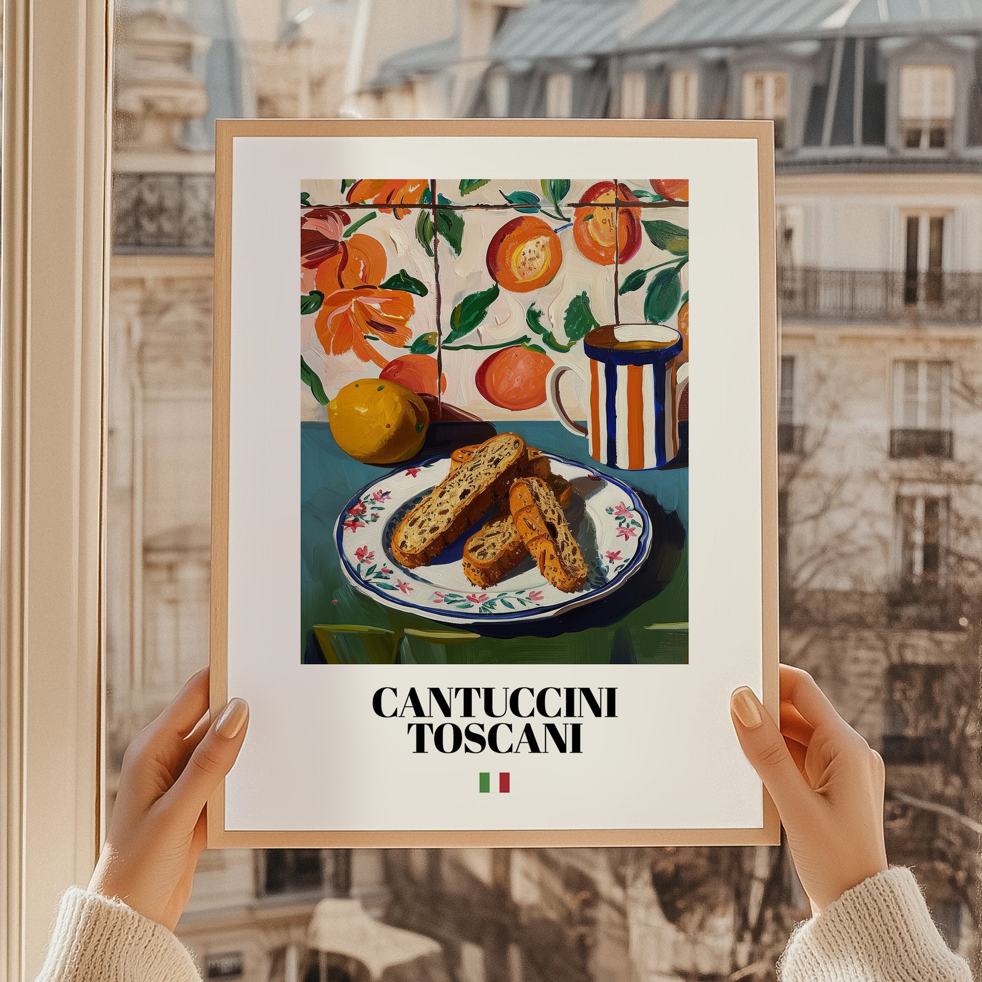 Cantuccini Toscani – Italian Biscuits Dish, Tavern Painting, styled in a charming Paris street view