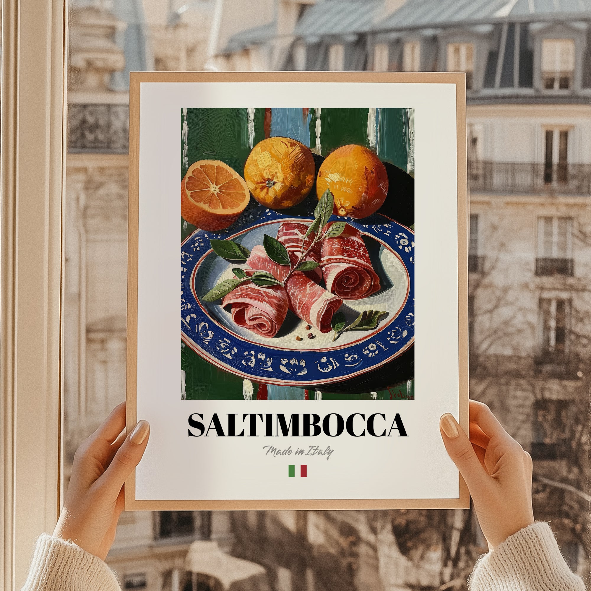 Saltimbocca – Italian Meat Dish, Fine Dining Restaurant Painting, styled in a charming Paris street view