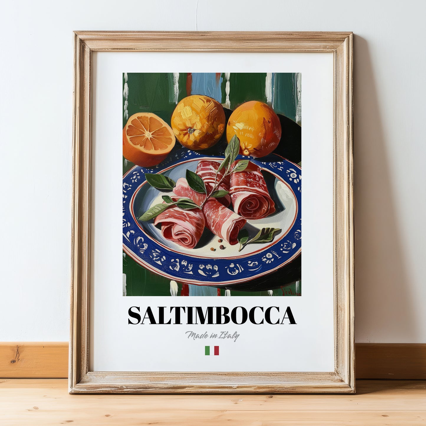 Saltimbocca – Italian Meat Dish, Fine Dining Restaurant Painting, in wooden frame leaning on the floor