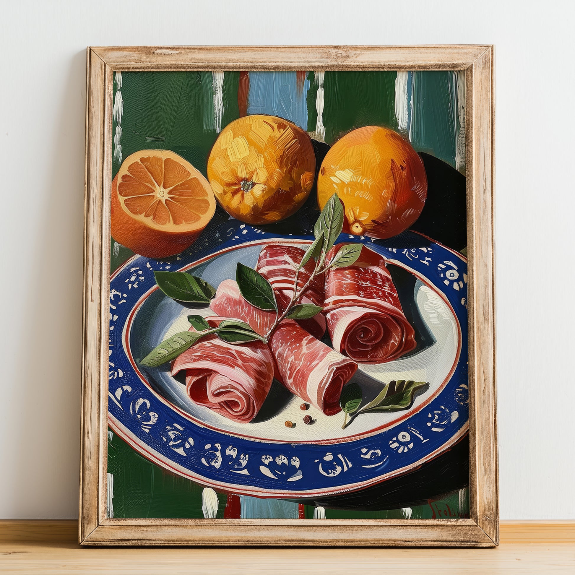 Saltimbocca – Italian Meat Dish, Fine Dining Restaurant Painting, no-text version framed in wood
