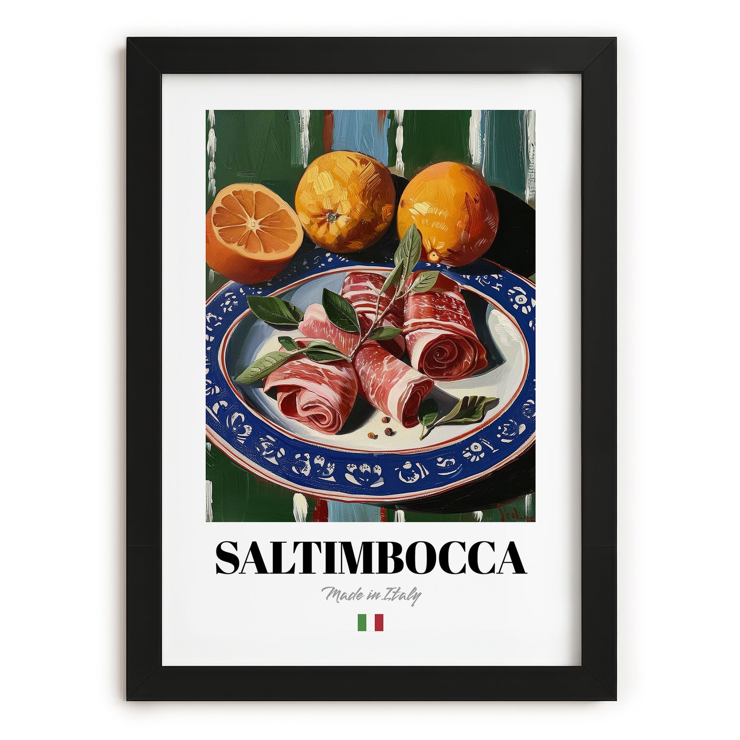 Saltimbocca – Italian Meat Dish, Fine Dining Restaurant Painting, in sleek black frame
