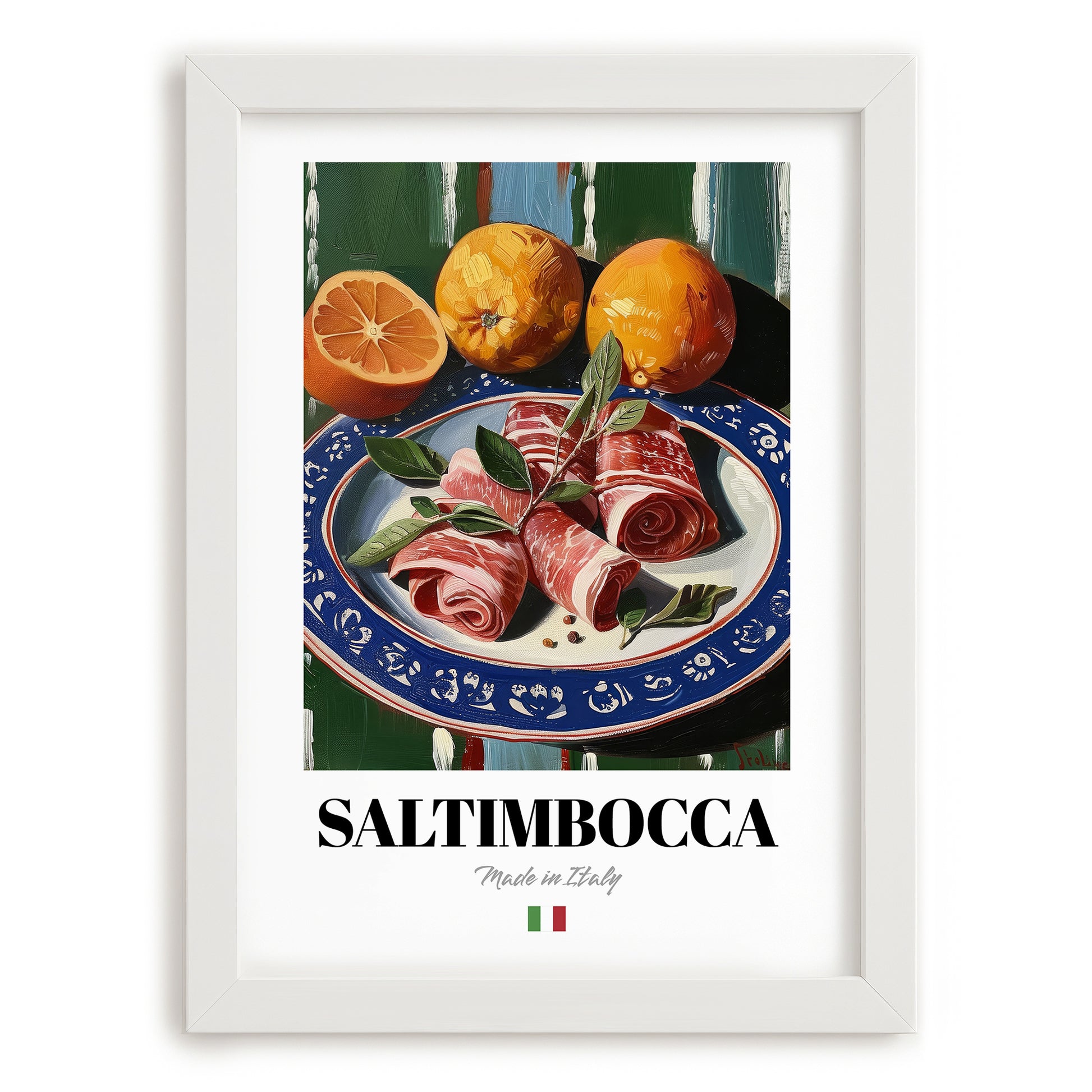 Saltimbocca – Italian Meat Dish, Fine Dining Restaurant Painting, placed in minimal white frame