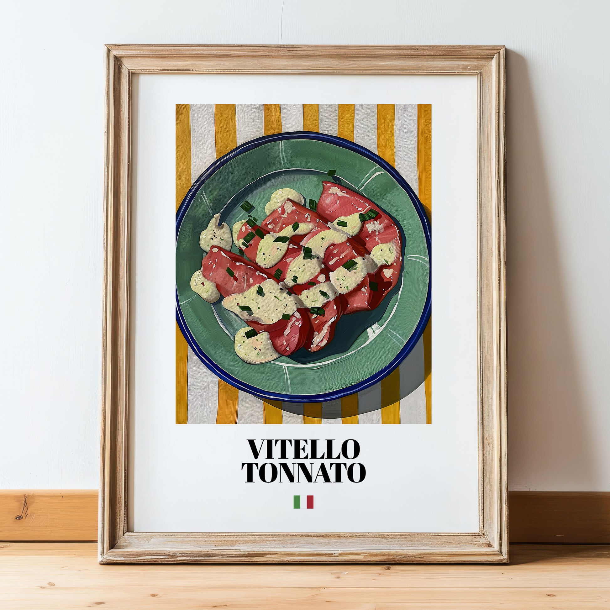 Vitello Tonnato – Italian Meat Dish, Restaurant Poster, in wooden frame leaning on the floor