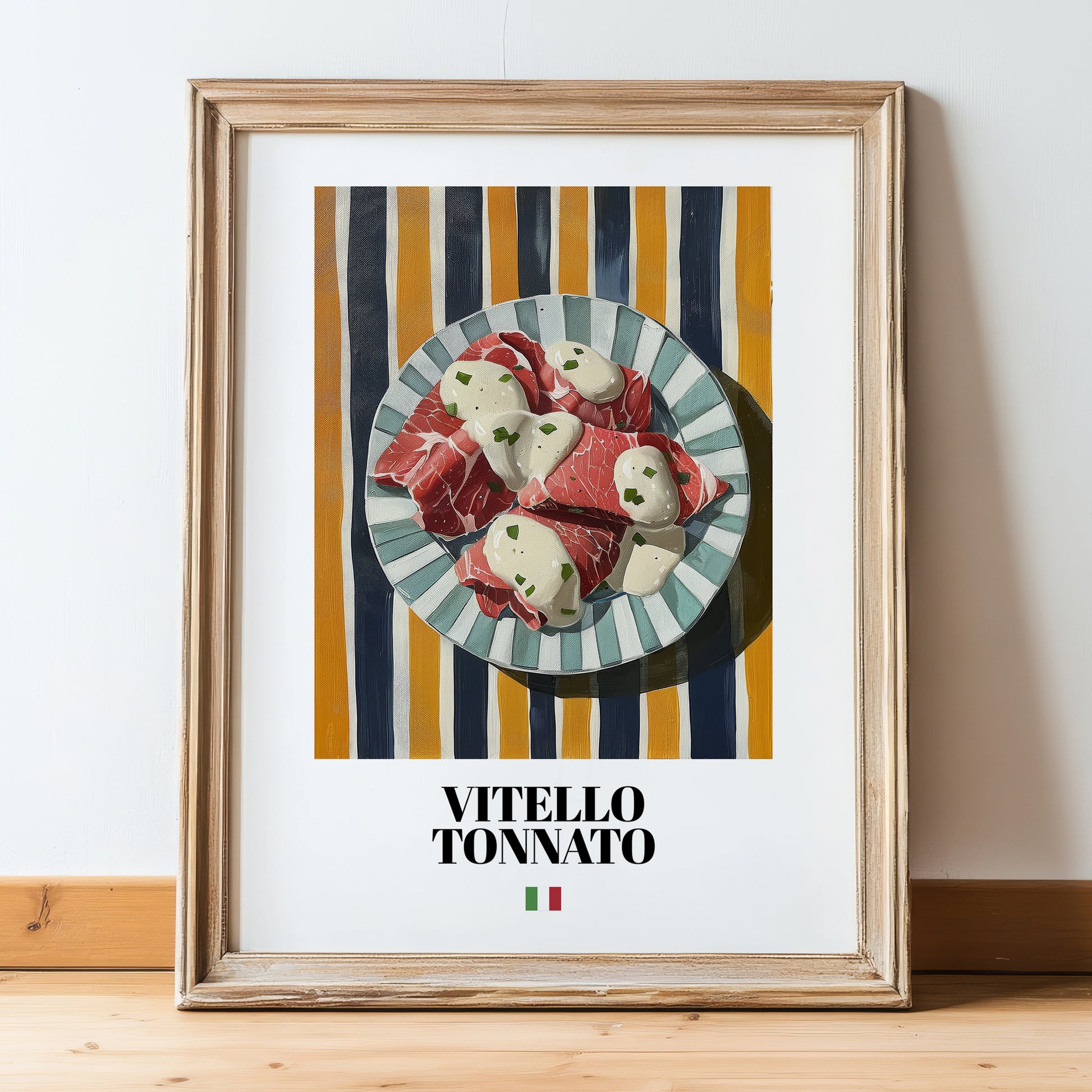 Vitello Tonnato – Italian Meat Dish, Tavern Print, in wooden frame leaning on the floor