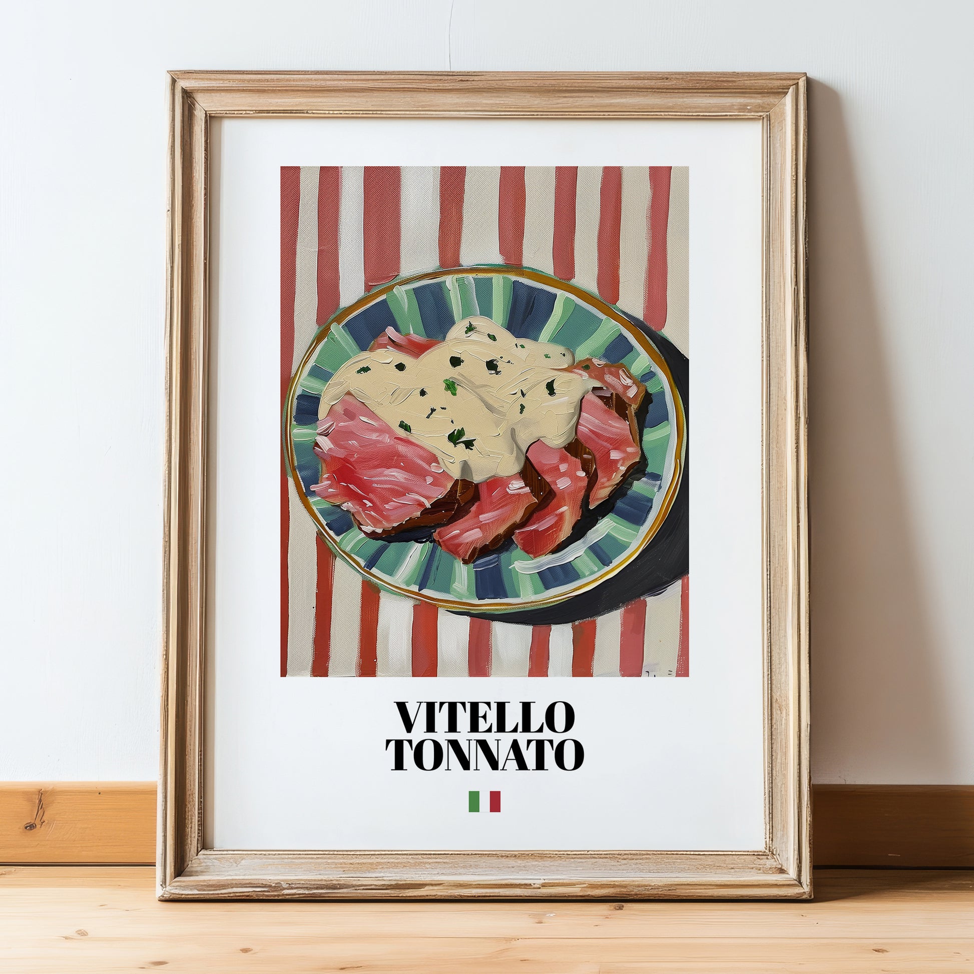 Vitello Tonnato – Italian Meat Dish, Restaurant Still Life, in wooden frame leaning on the floor