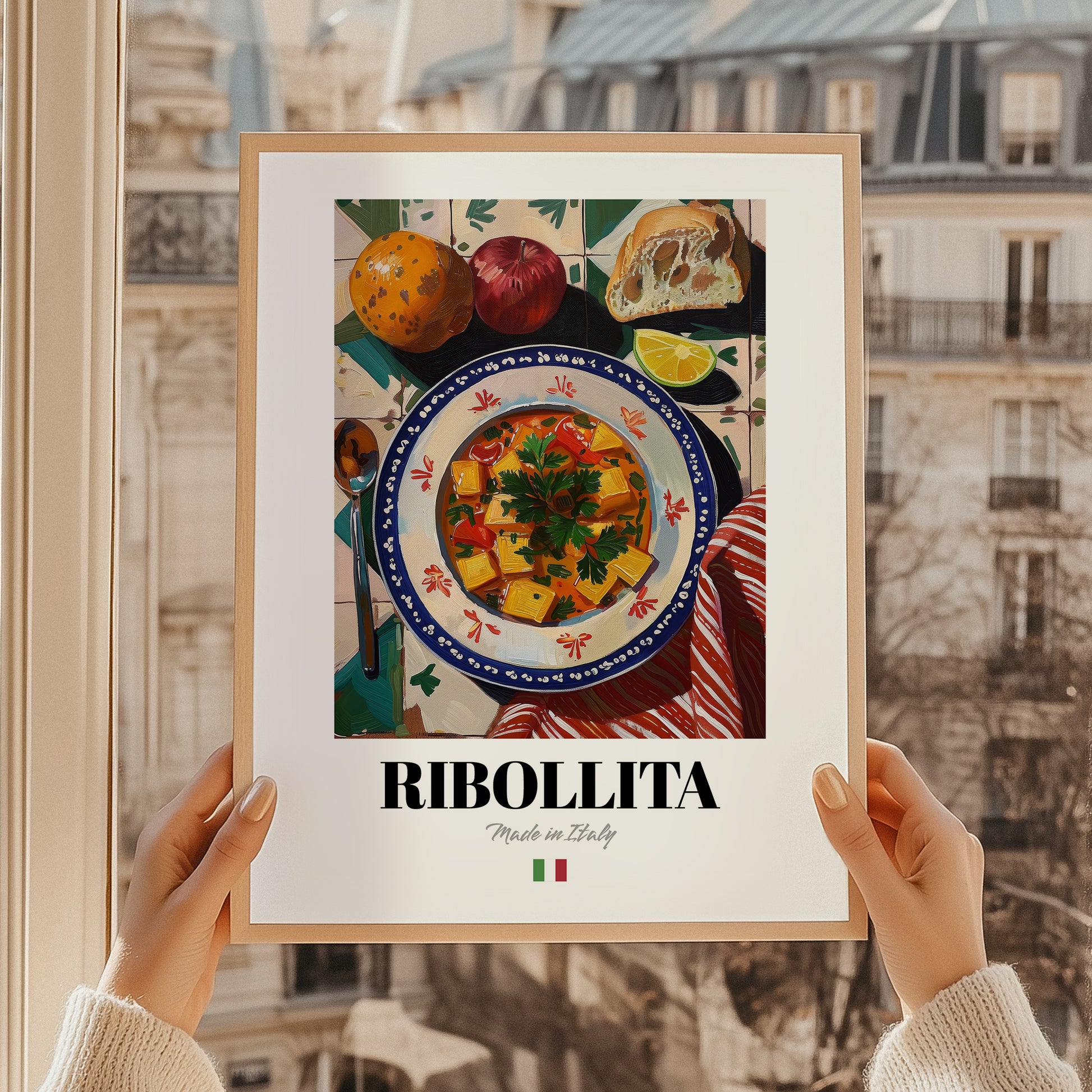 Ribollita – Italian Soup Dish, Tavern Wall Art, styled in a charming Paris street view