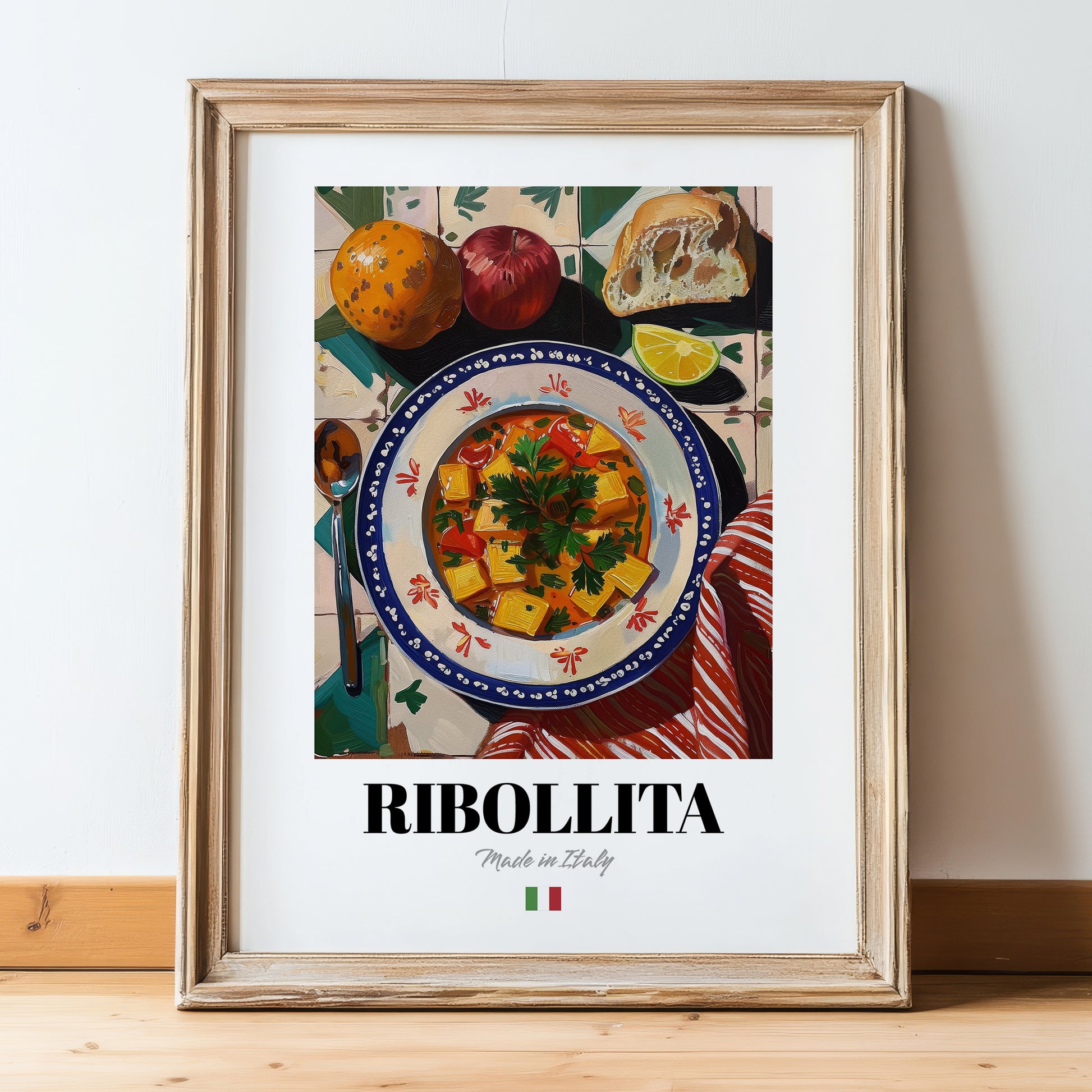 Ribollita – Italian Soup Dish, Tavern Wall Art, in wooden frame leaning on the floor