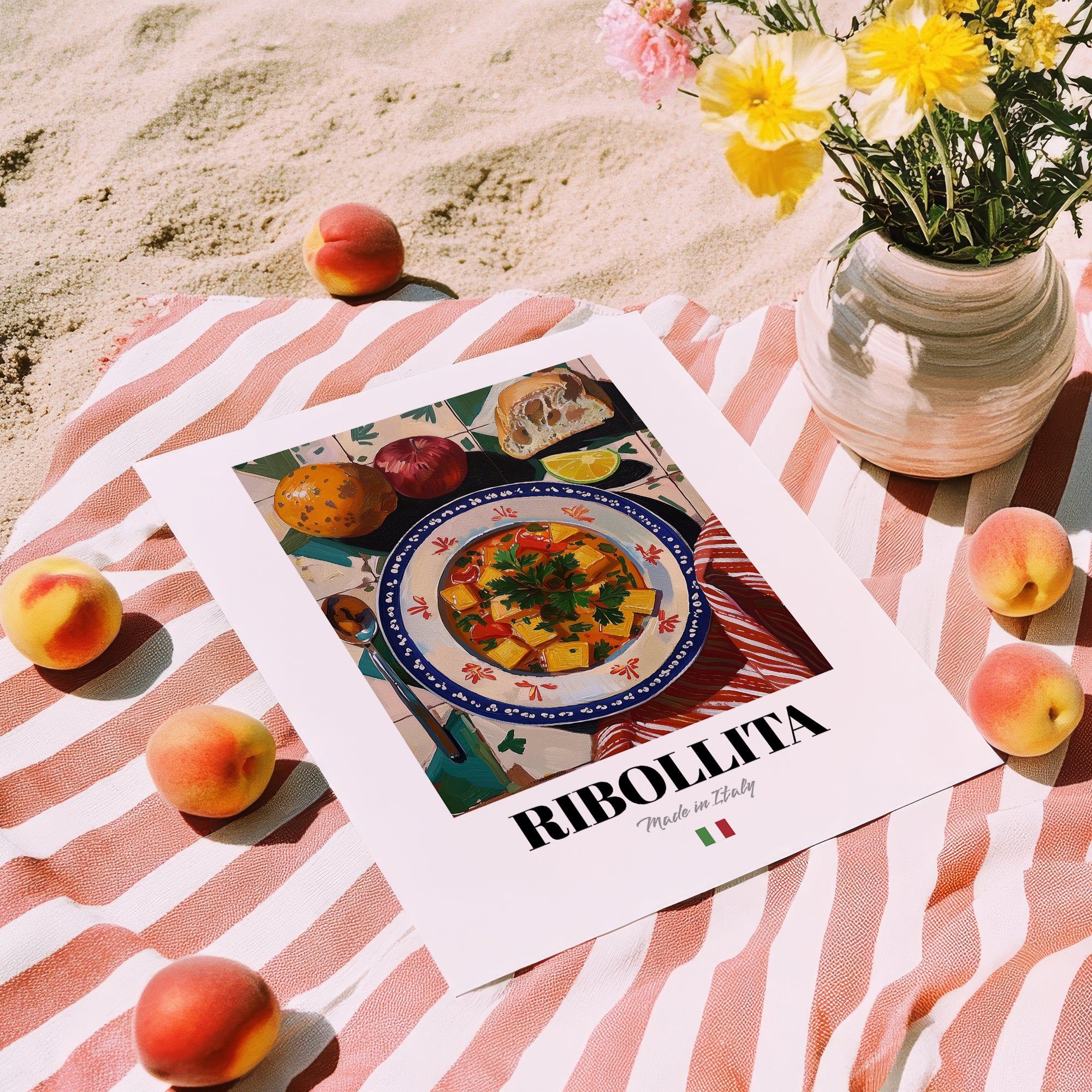 Ribollita – Italian Soup Dish, Tavern Wall Art, unframed on coastal sand