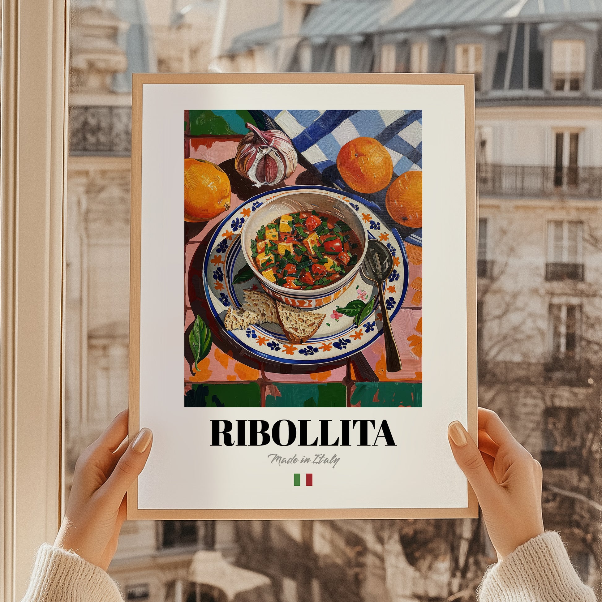 Ribollita – Italian Soup Dish, Brasserie Wall Art, styled in a charming Paris street view
