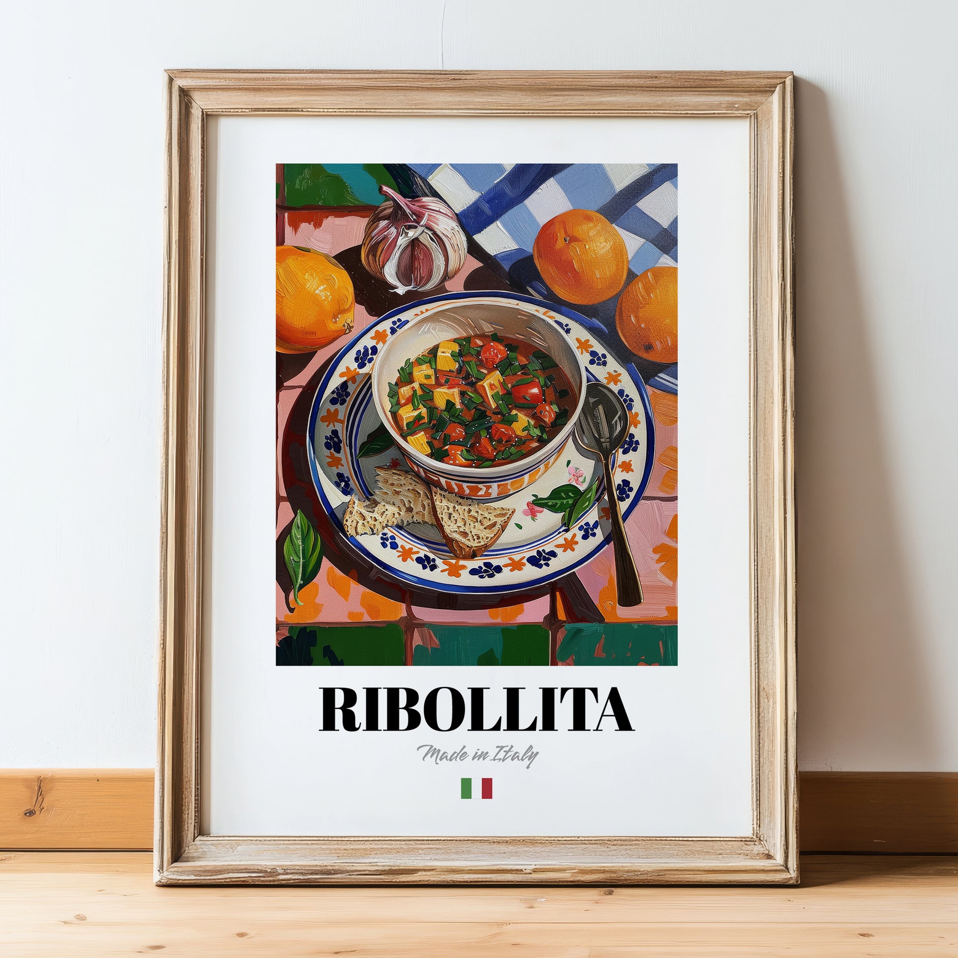 Ribollita – Italian Soup Dish, Brasserie Wall Art, in wooden frame leaning on the floor