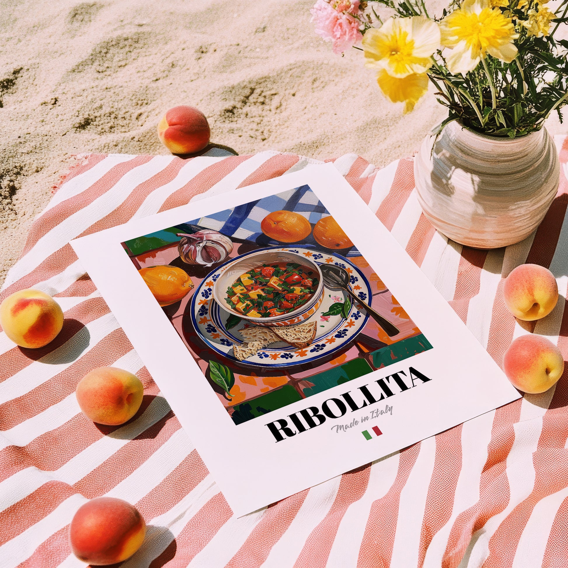 Ribollita – Italian Soup Dish, Brasserie Wall Art, unframed on coastal sand