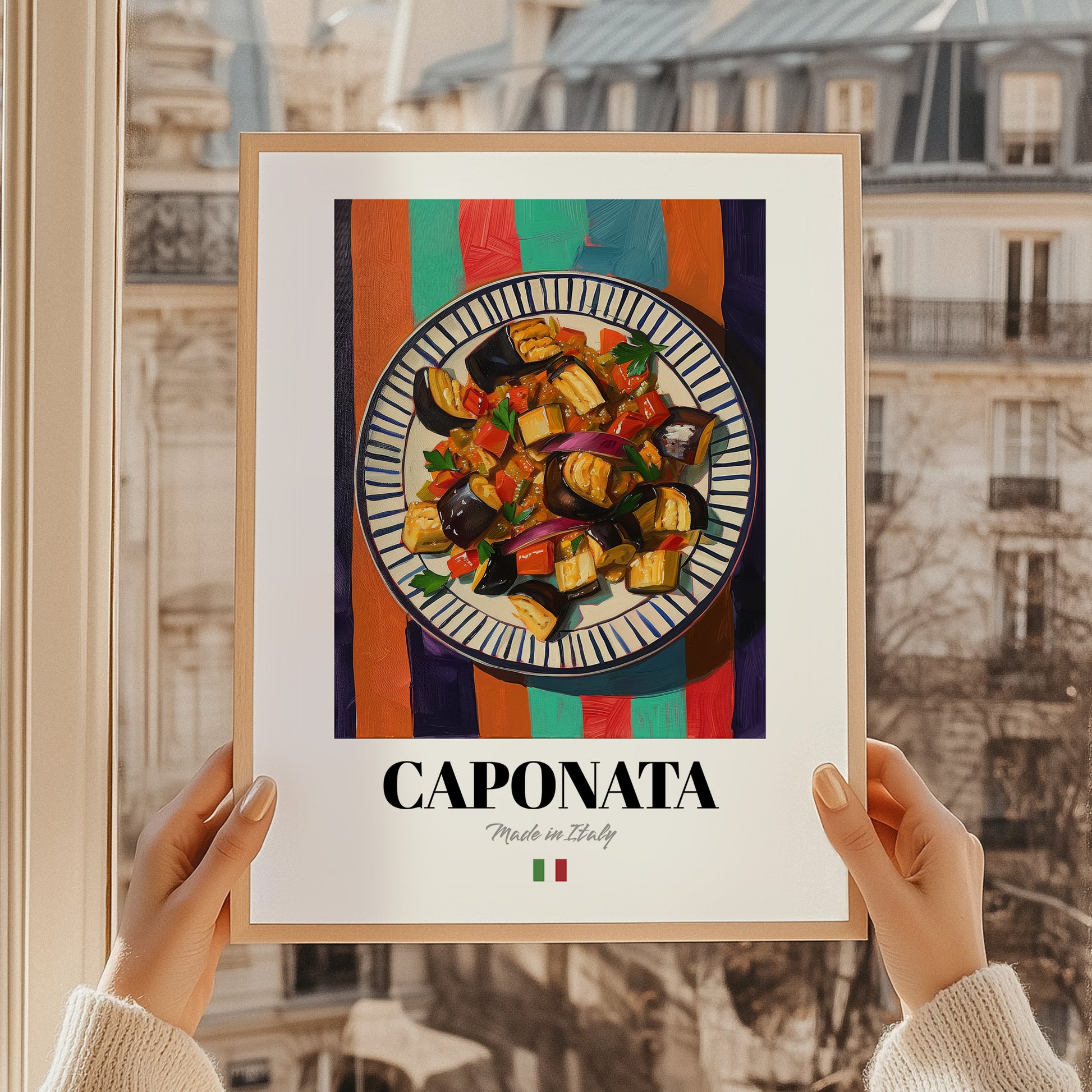 Caponata – Italian Salad Dish, Café Wall Art, styled in a charming Paris street view