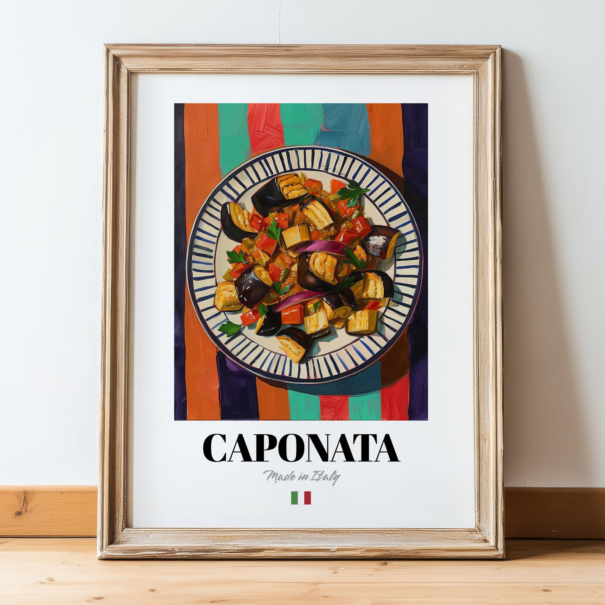 Caponata – Italian Salad Dish, Café Wall Art, in wooden frame leaning on the floor