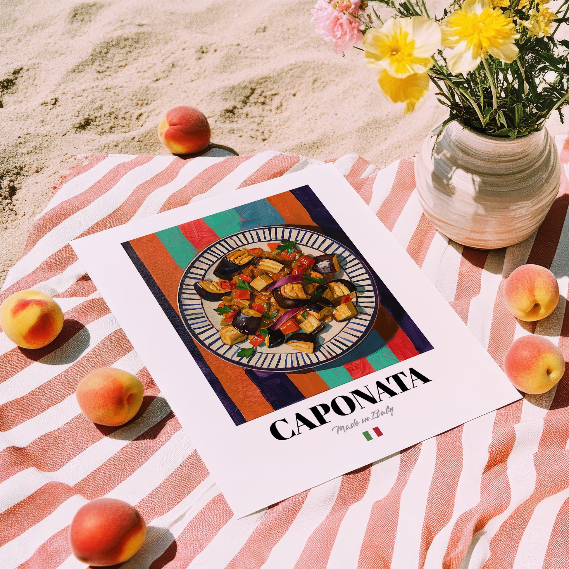 Caponata – Italian Salad Dish, Café Wall Art, unframed on coastal sand