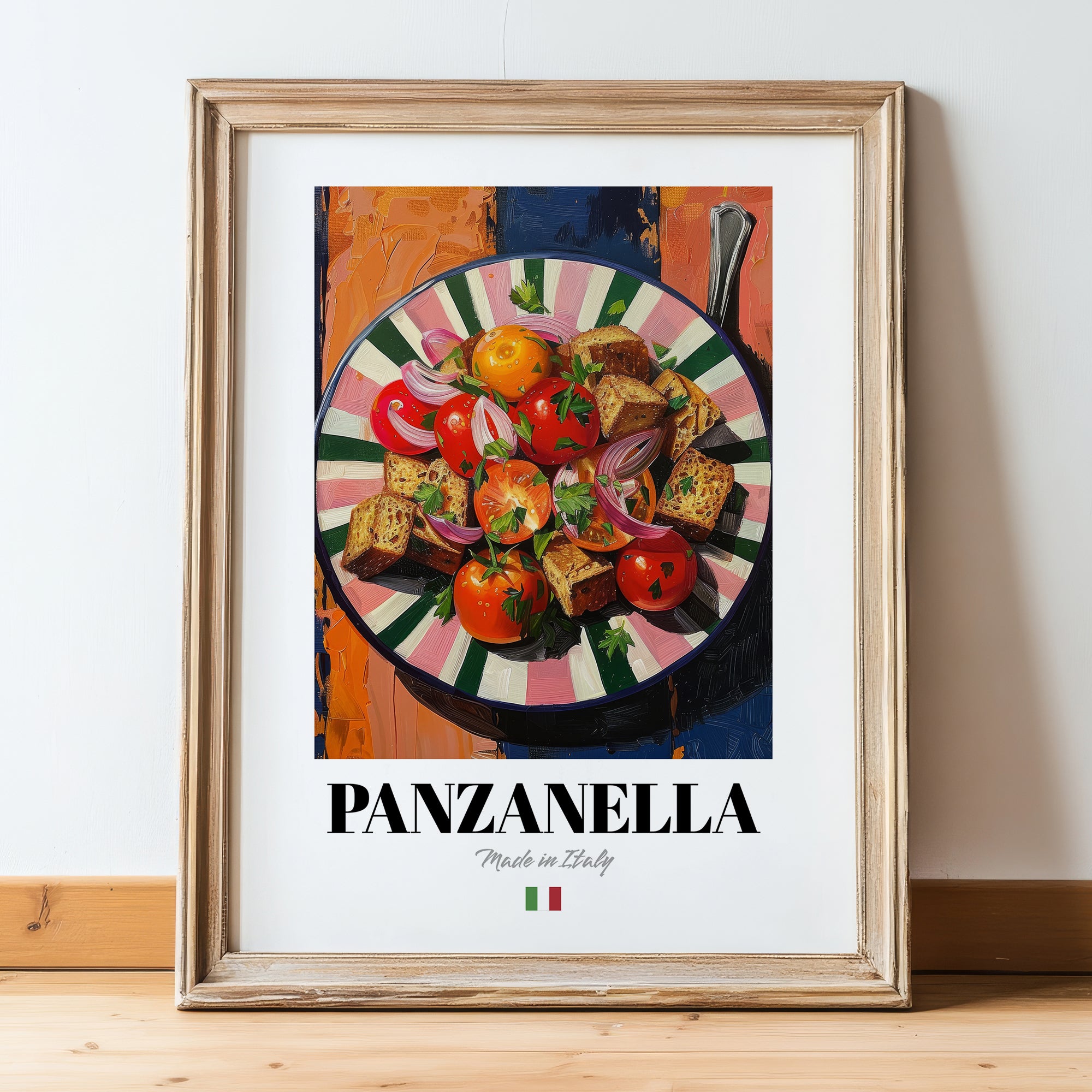 Panzanella – Italian Salad Dish, Bistro Art, in wooden frame leaning on the floor
