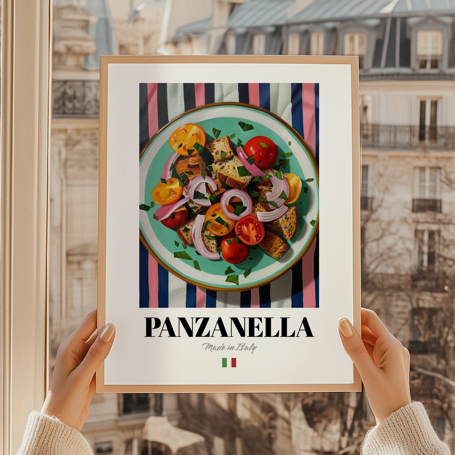 Panzanella – Italian Salad Dish, Tavern Wall Art, styled in a charming Paris street view