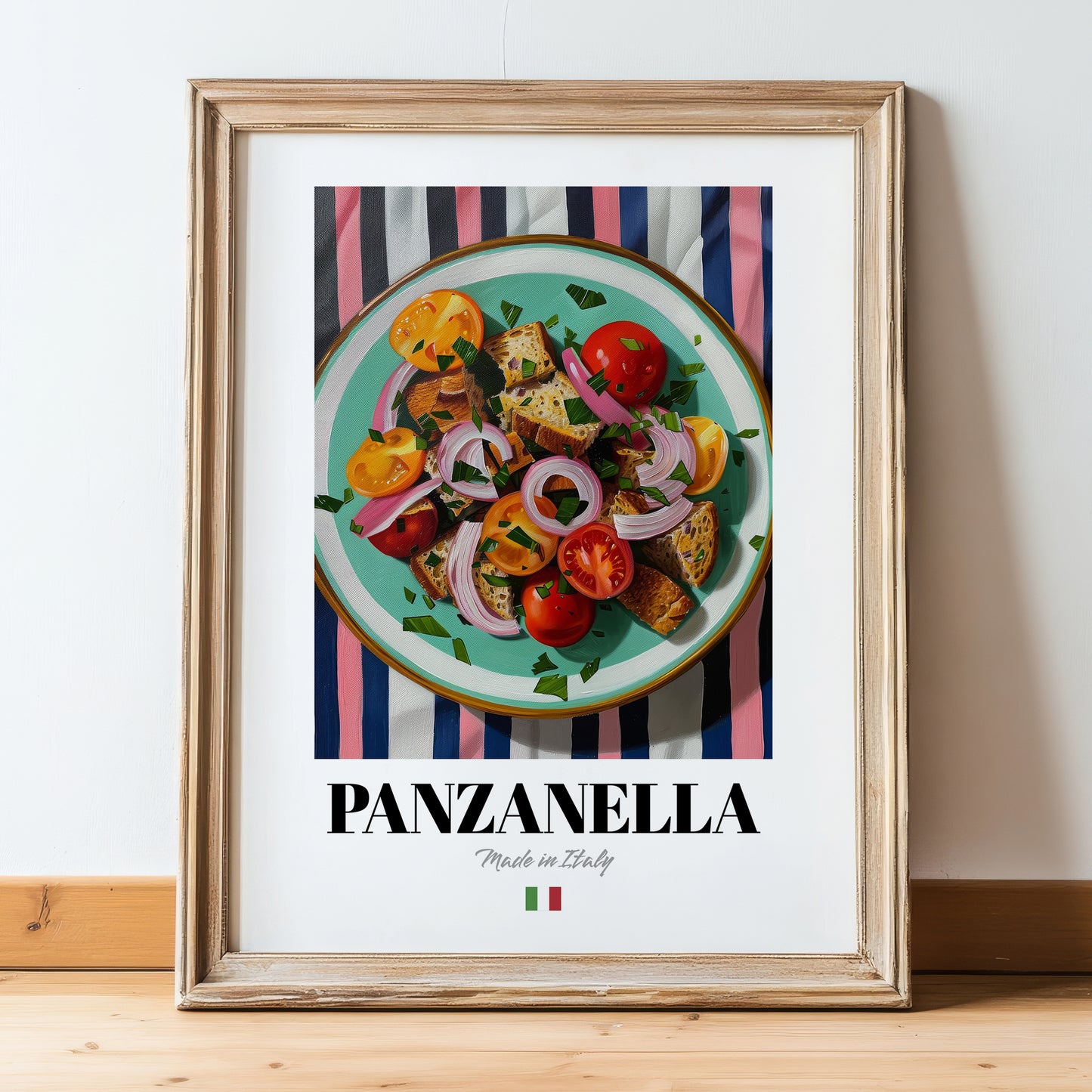 Panzanella – Italian Salad Dish, Tavern Wall Art, in wooden frame leaning on the floor