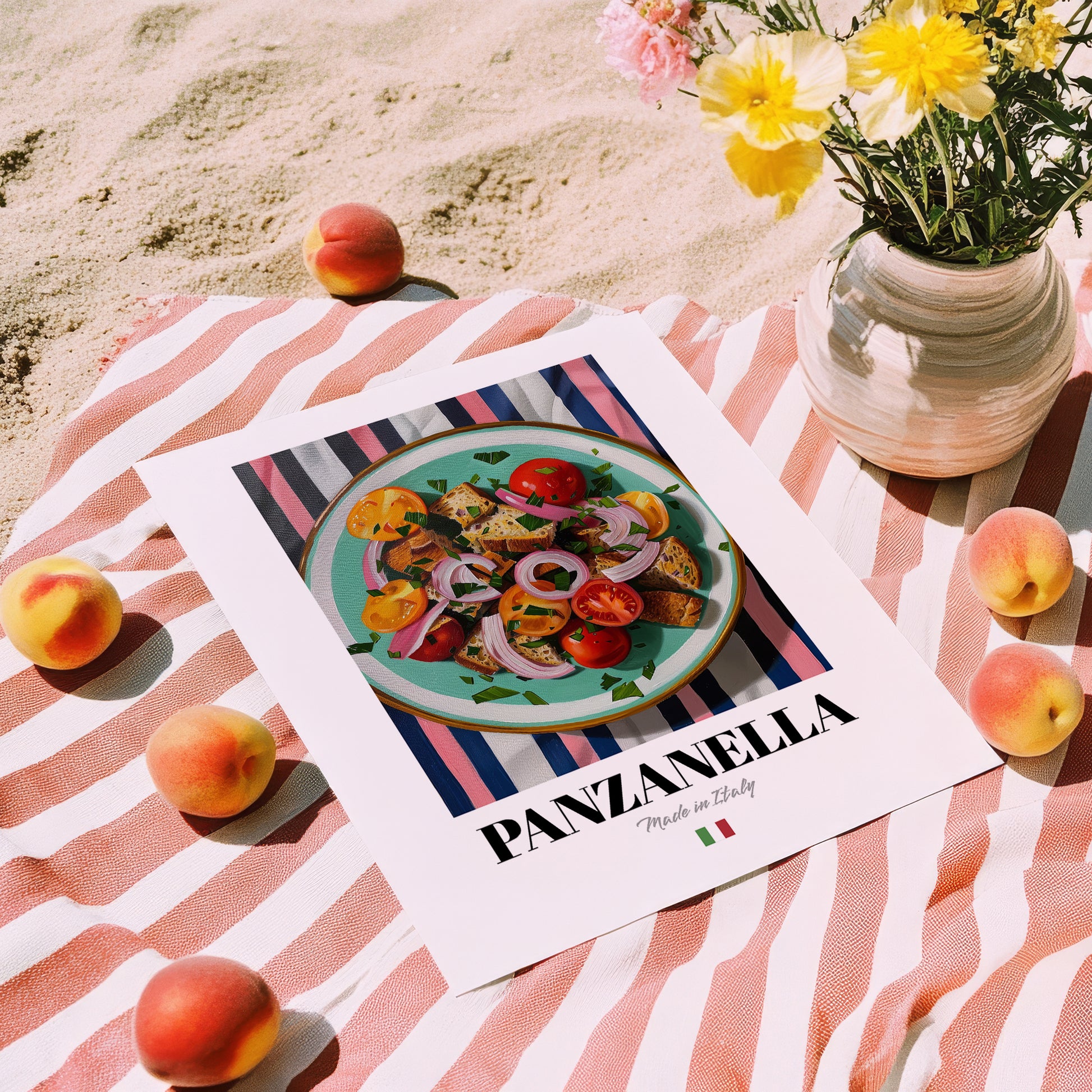 Panzanella – Italian Salad Dish, Tavern Wall Art, unframed on coastal sand