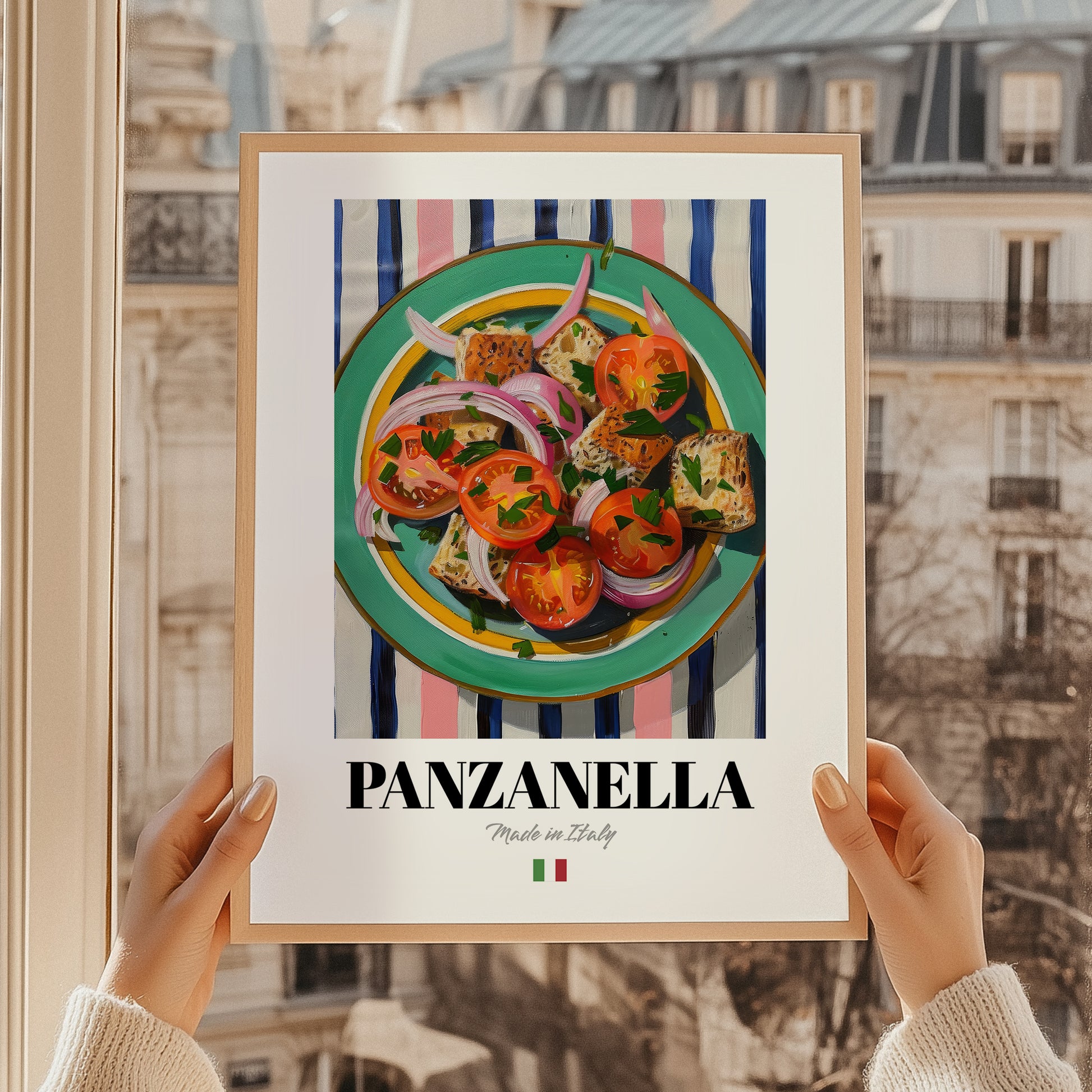 Panzanella – Italian Salad Dish, Café Print, styled in a charming Paris street view