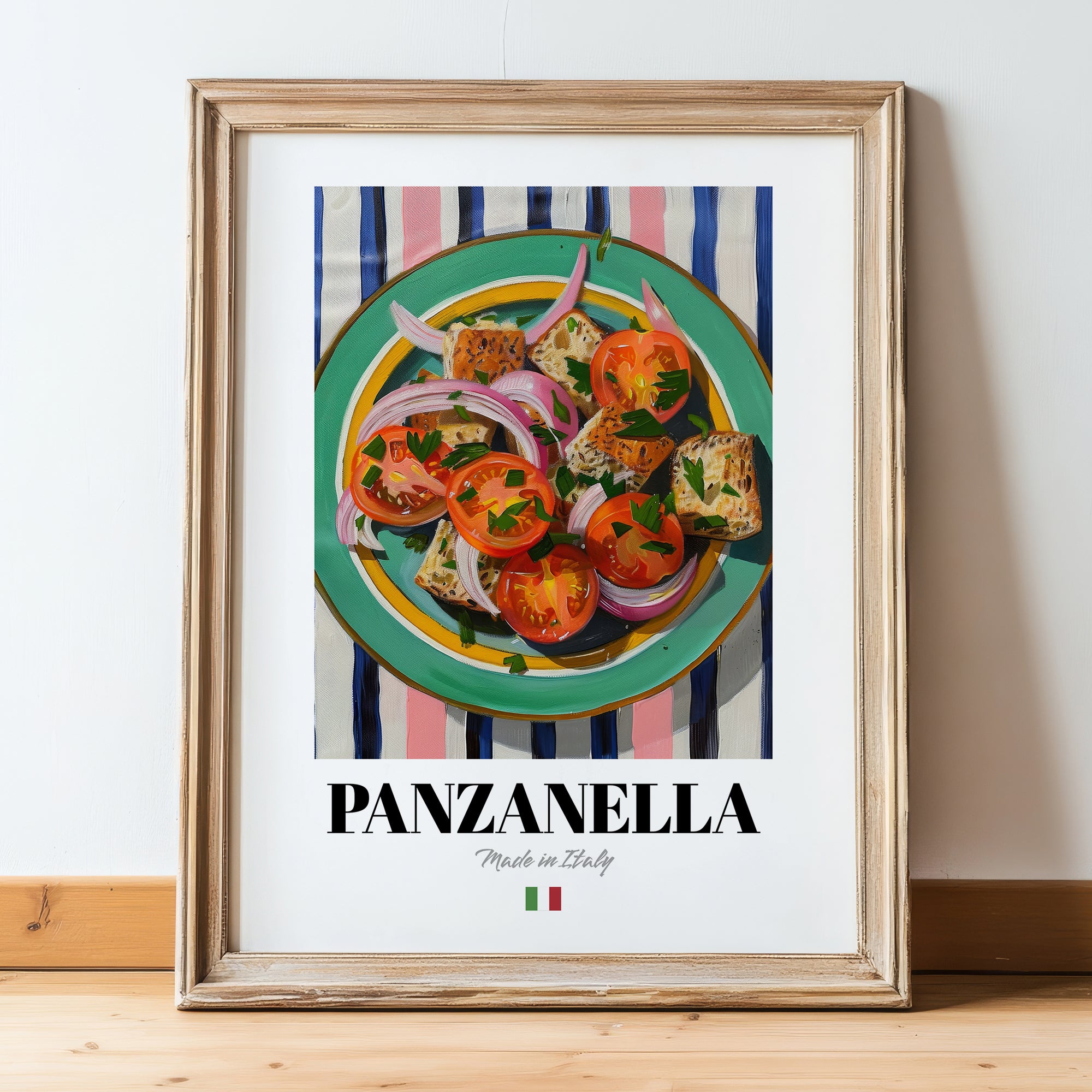 Panzanella – Italian Salad Dish, Café Print, in wooden frame leaning on the floor