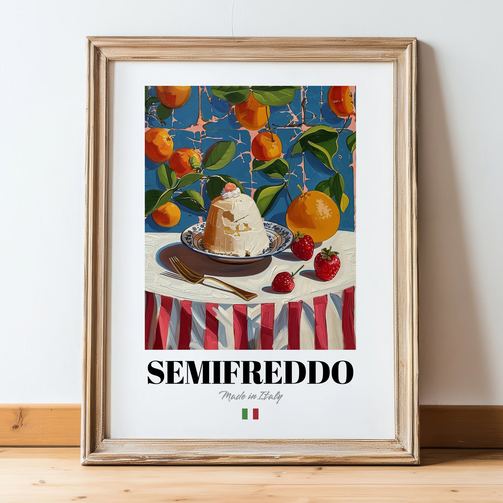 Semifreddo – Italian Dessert Dish, Café Art, in wooden frame leaning on the floor