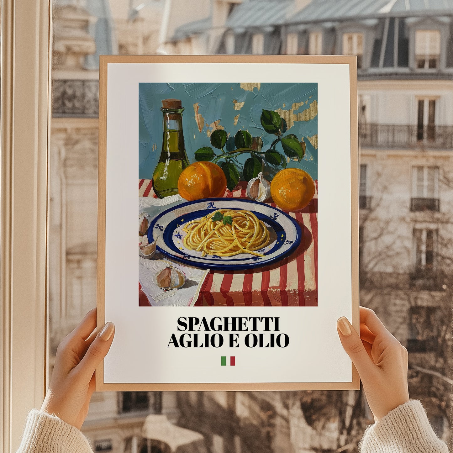 Spaghetti aglio e olio – Italian Pasta, Restaurant Poster, styled in a charming Paris street view