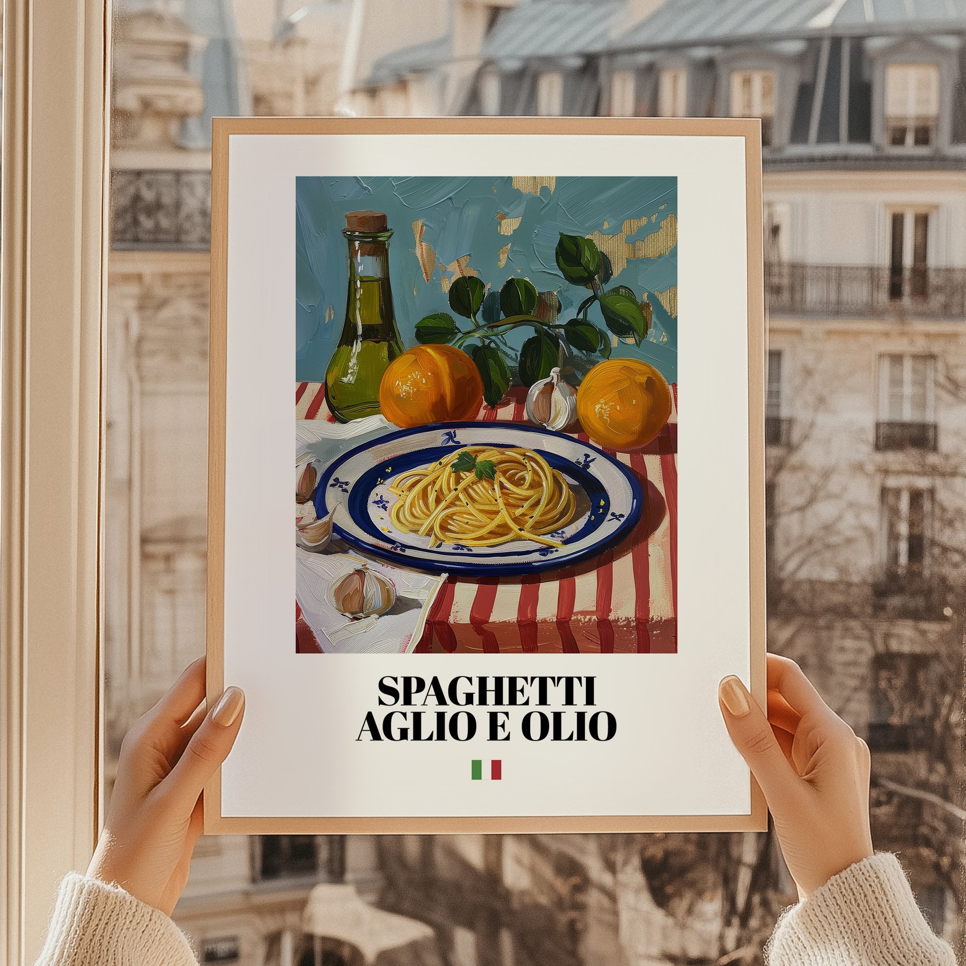 Spaghetti aglio e olio – Italian Pasta, Restaurant Poster, styled in a charming Paris street view