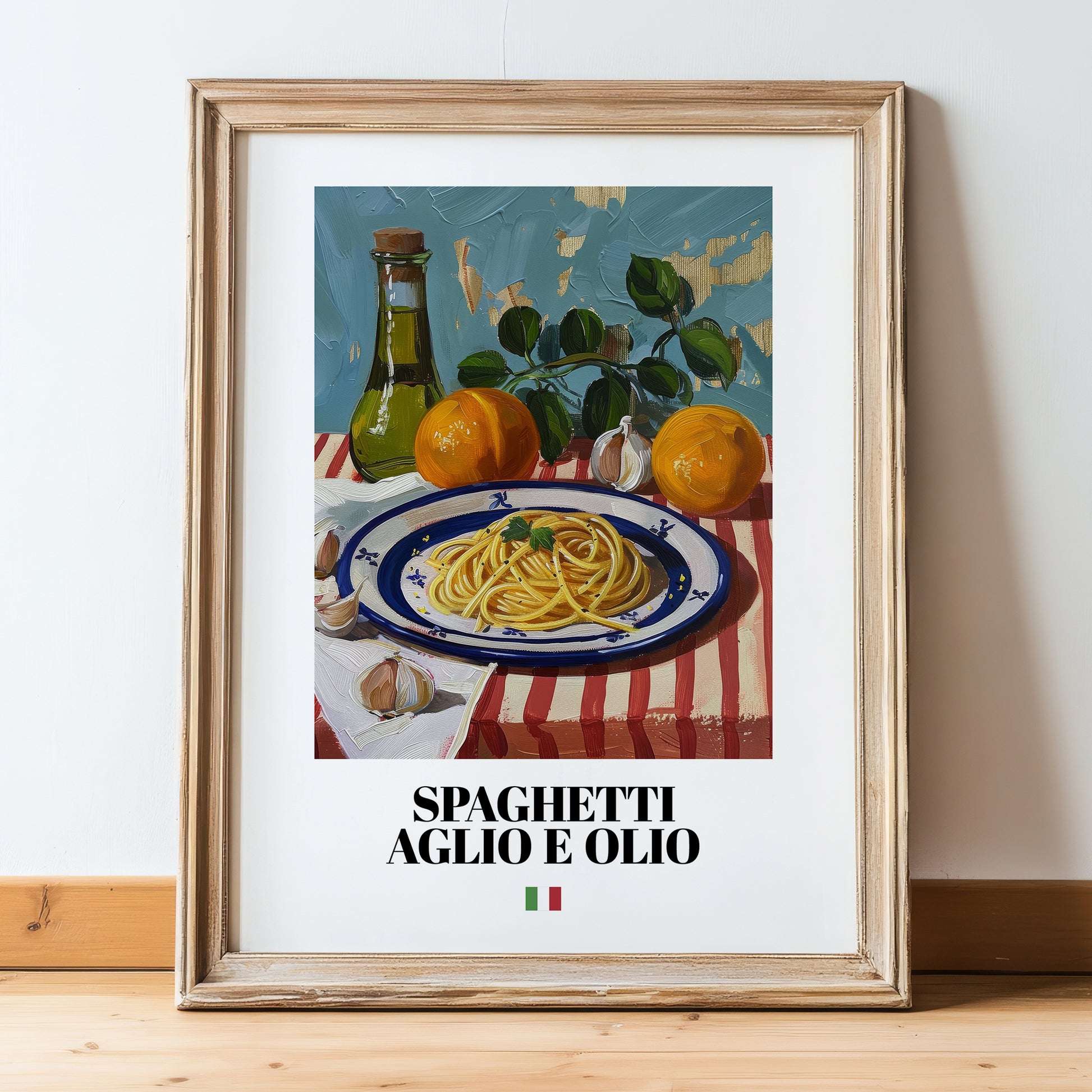 Spaghetti aglio e olio – Italian Pasta, Restaurant Poster, in wooden frame leaning on the floor
