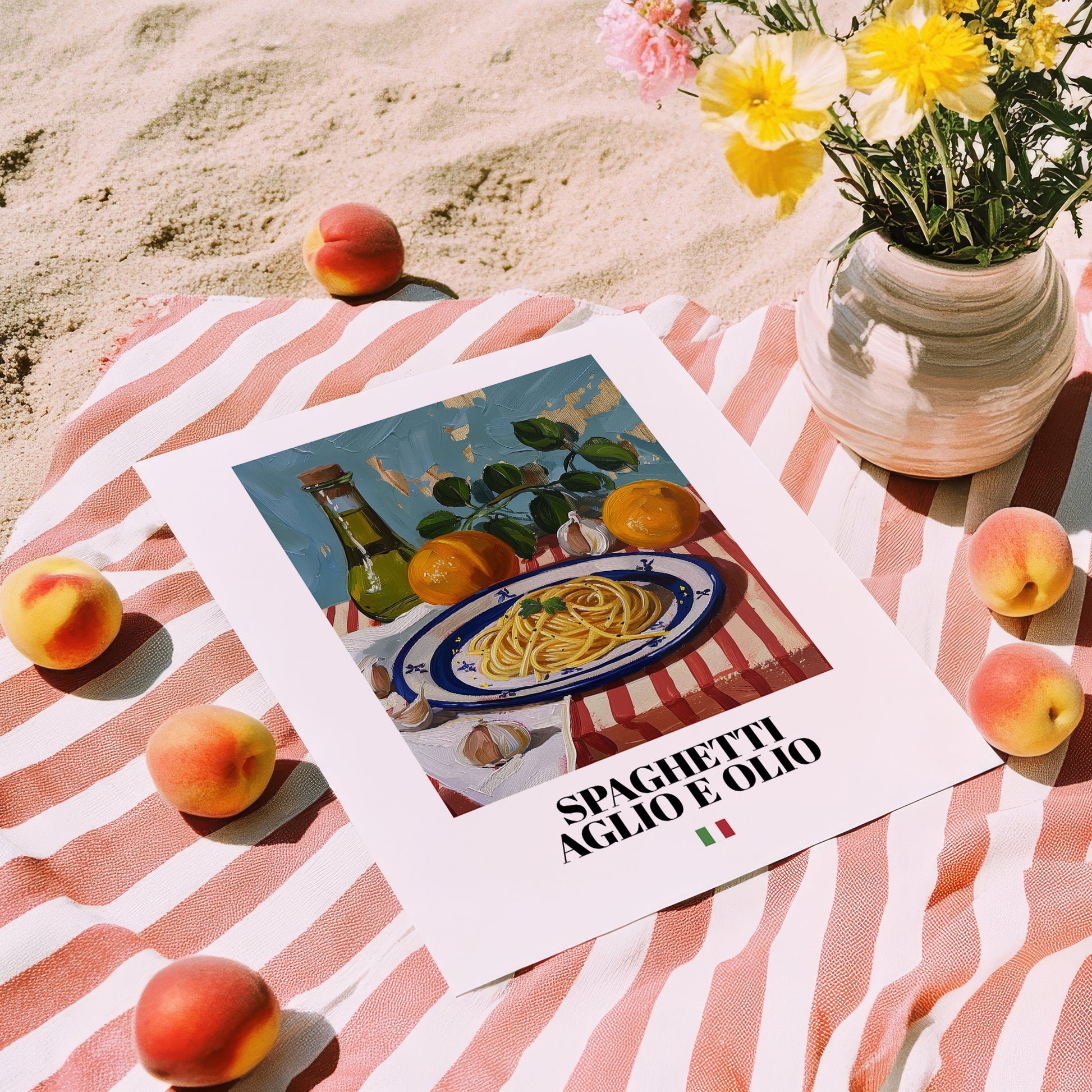 Spaghetti aglio e olio – Italian Pasta, Restaurant Poster, unframed on coastal sand