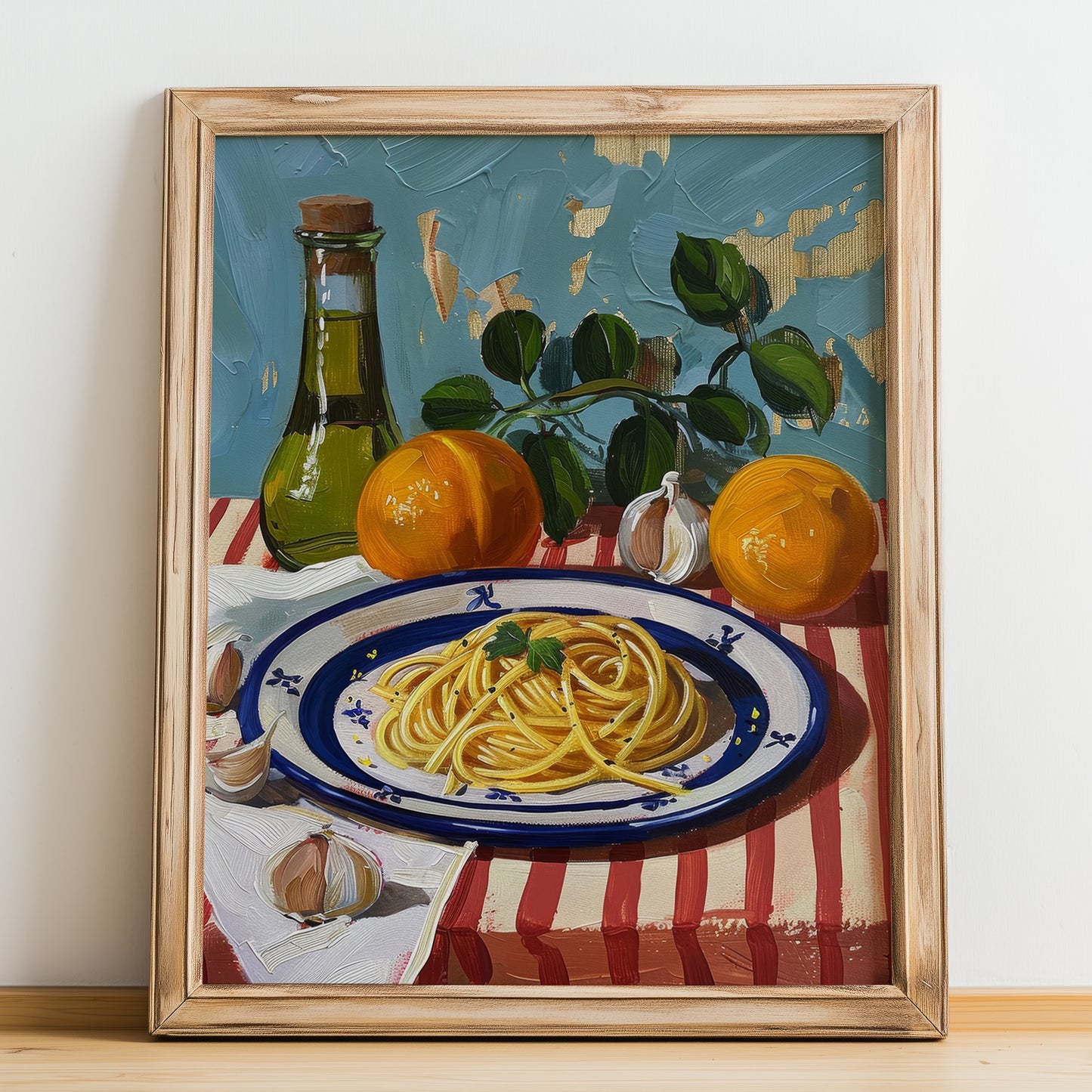Spaghetti aglio e olio – Italian Pasta, Restaurant Poster, no-text version framed in wood