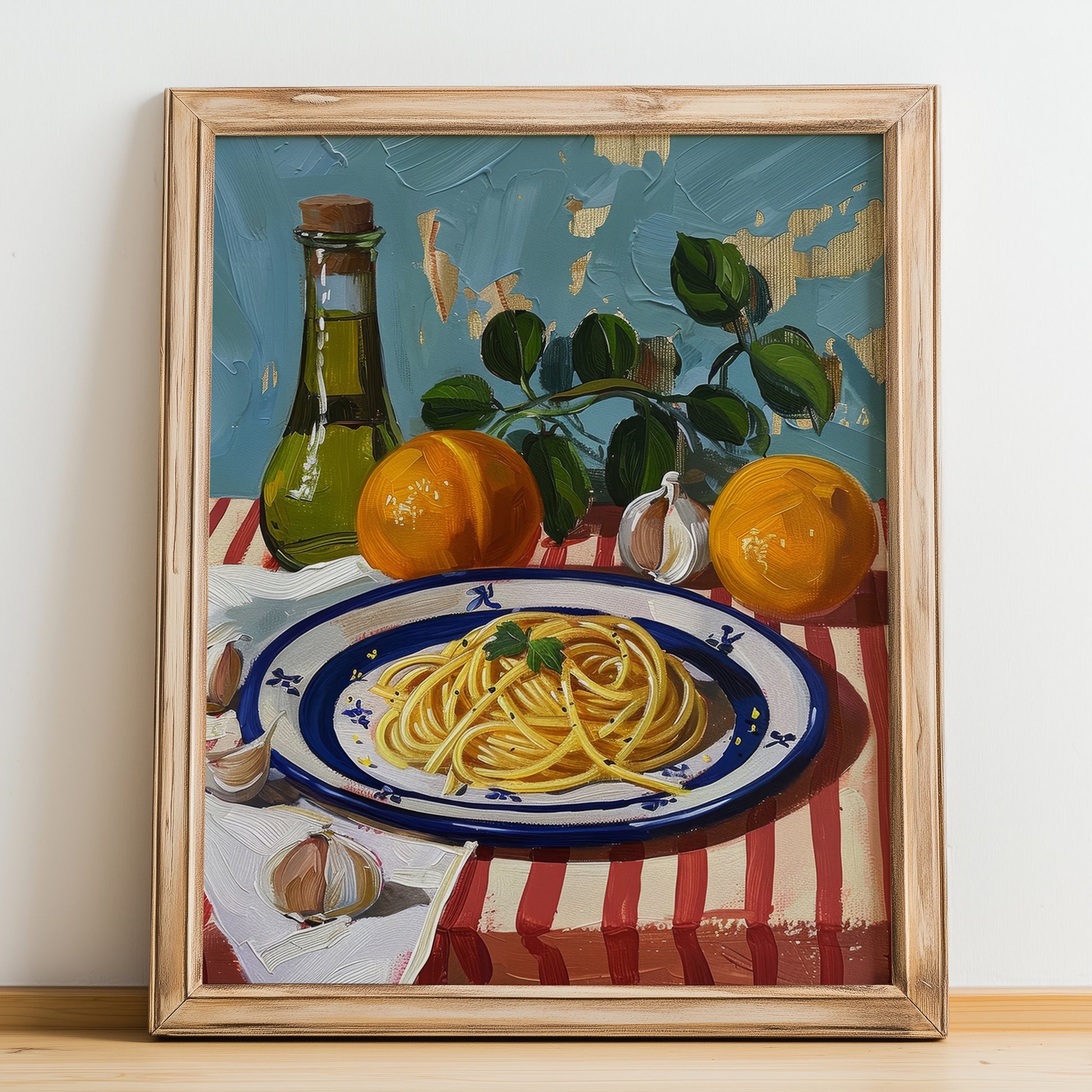 Spaghetti aglio e olio – Italian Pasta, Restaurant Poster, no-text version framed in wood