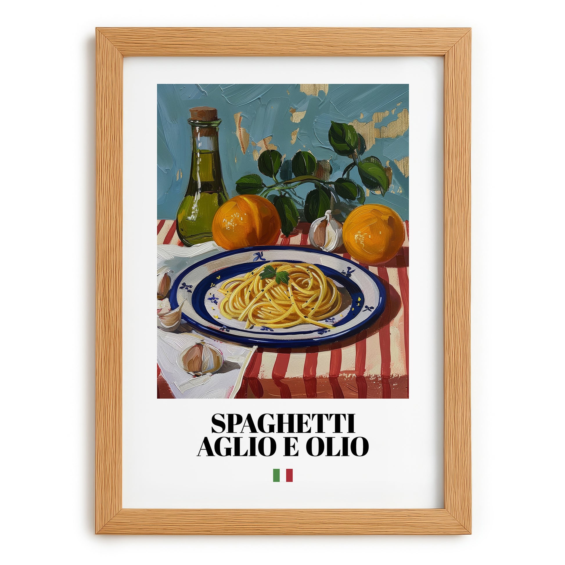 Spaghetti aglio e olio – Italian Pasta, Restaurant Poster, set in oak frame